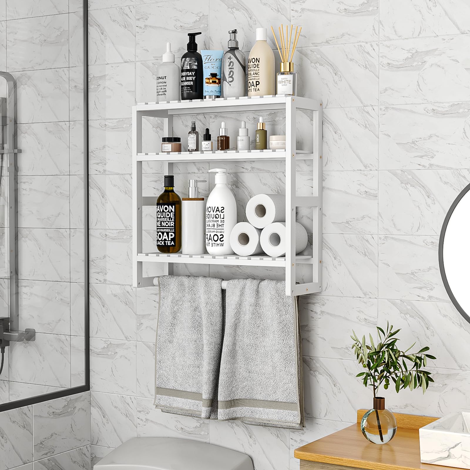 3-Tier Bamboo Towel Rack with Shelves - Over Toilet Wall Mounted Storage Organizer for Bathroom, Laundry Room & Kitchen - Space Saving Paper Holder & Towel Bar for Small Bathrooms & Apartments