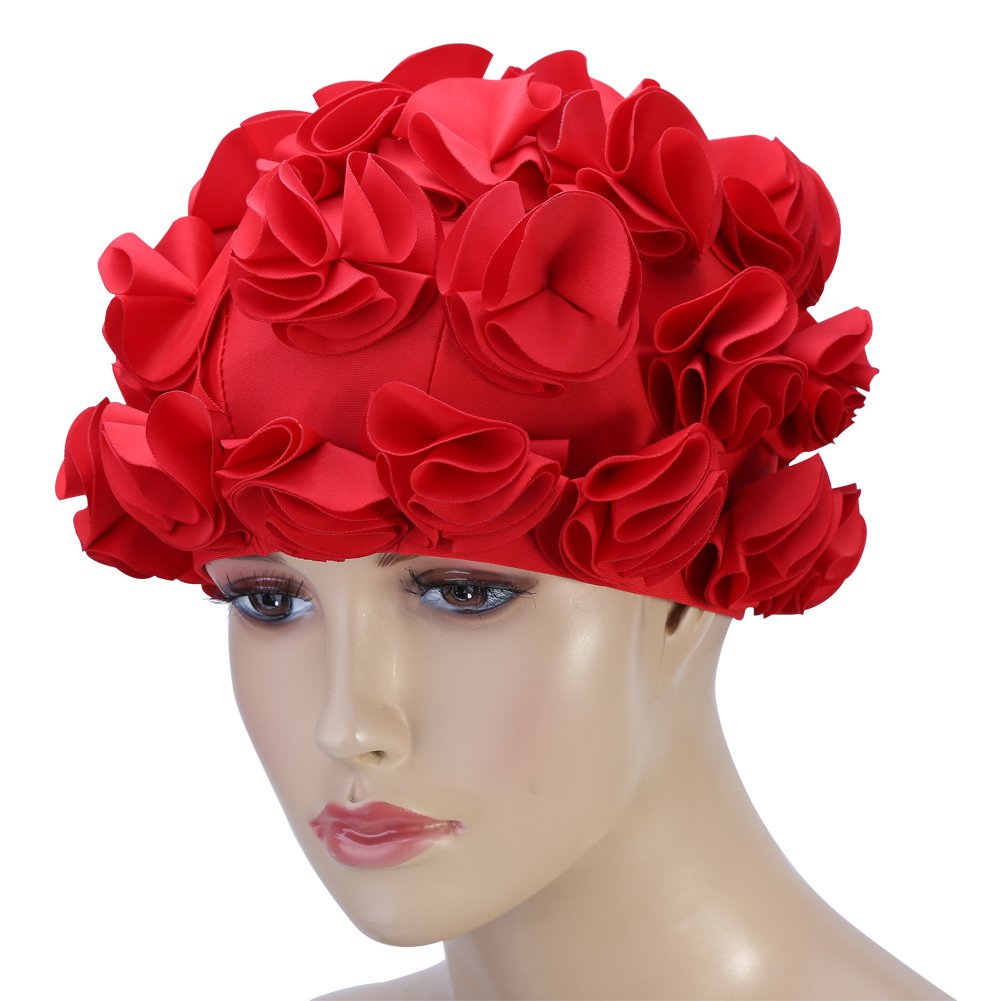 Alomejor Retro Floral Swim Hat for Women & Kids - Elastic Long Hair Bathing Cap - Waterproof & Comfortable for Swimming, Beach, Pool & Water Sports (Red)