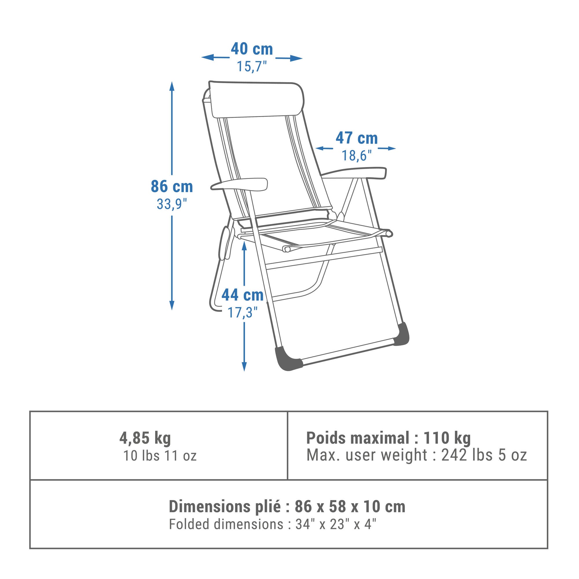 Quechua Adjustable Reclining Camping Chair - Lightweight Portable Outdoor Chair for Beach, Picnic, Hiking & Backyard Relaxation