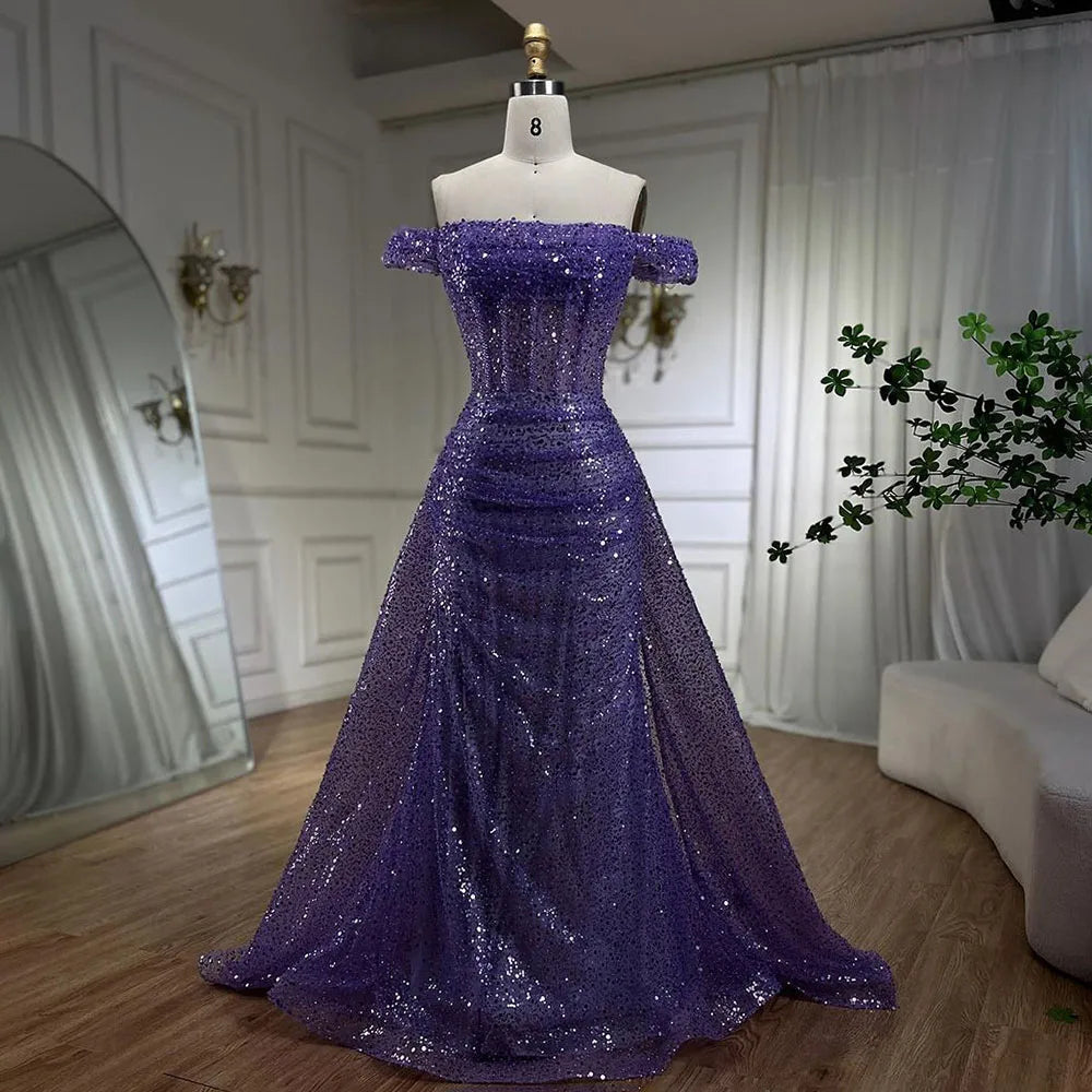 Elegant Blue Mermaid Off-Shoulder Beaded Sequined Evening Gown with Overskirt for Women - Perfect for Prom, Party & Formal Events 2025 (LA72204)