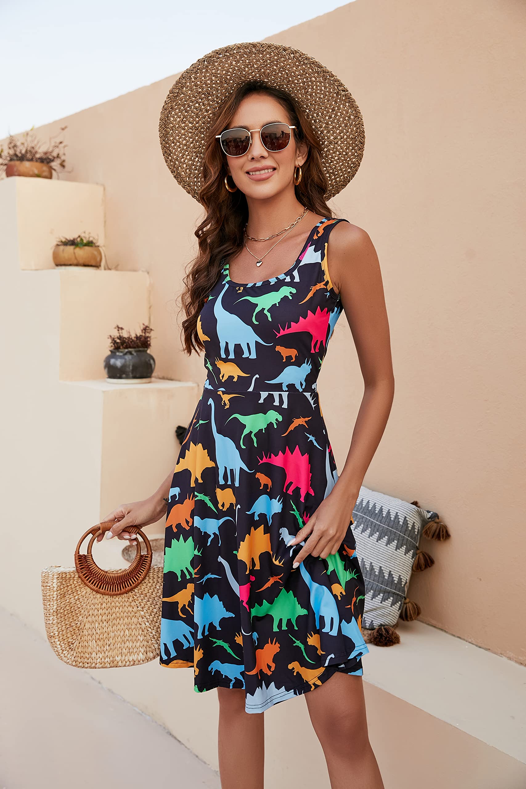 **Fanient Women's Sleeveless Floral Print Sundress - Casual Scoop Neck A-Line Midi Dress for Summer Beach, Vacation & Outdoor Parties**