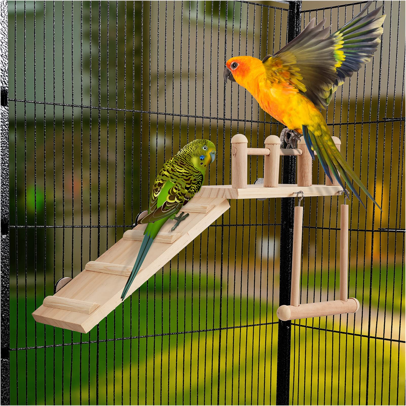 Wooden Bird Perches Platform Swing with Climbing Ladder - Sturdy Parakeet Cage Accessories & Small Bird Play Gyms for Exercise | Perfect for Cockatiels, Lovebirds & Finches in Aviaries or Home Cages