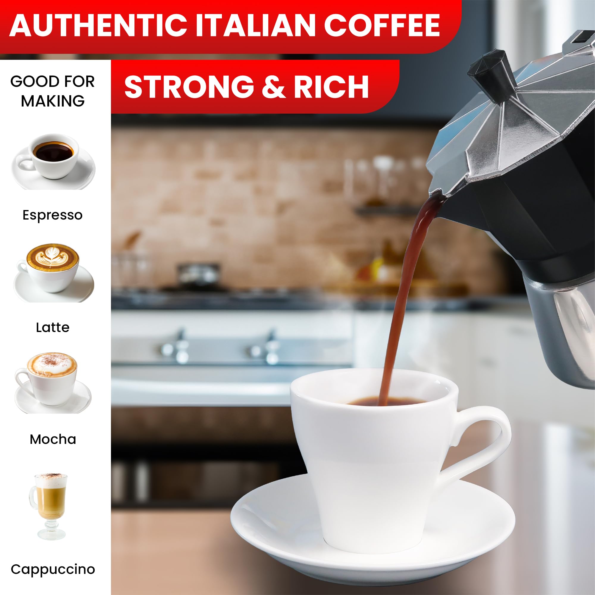 Italian Stovetop Espresso Maker 3 Cup - Moka Pot Coffee Maker with 2 Ceramic Cups, Stainless Steel 6oz Cafetera Cubana for Perfect Cuban Coffee - Ideal for Home Brewing, Camping & Gifts