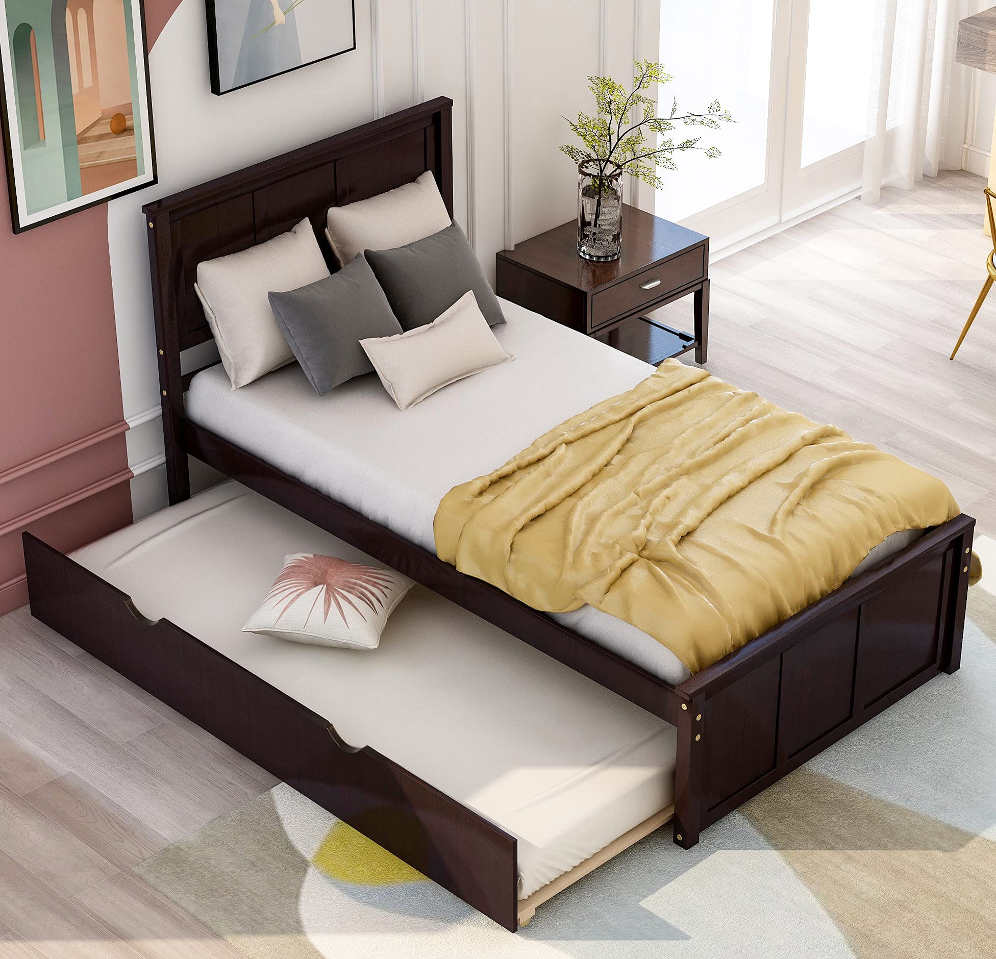 **Espresso Wood Twin Platform Bed with Trundle - Space-Saving Twin Size Frame Bed for Kids, Teens & Guest Rooms**