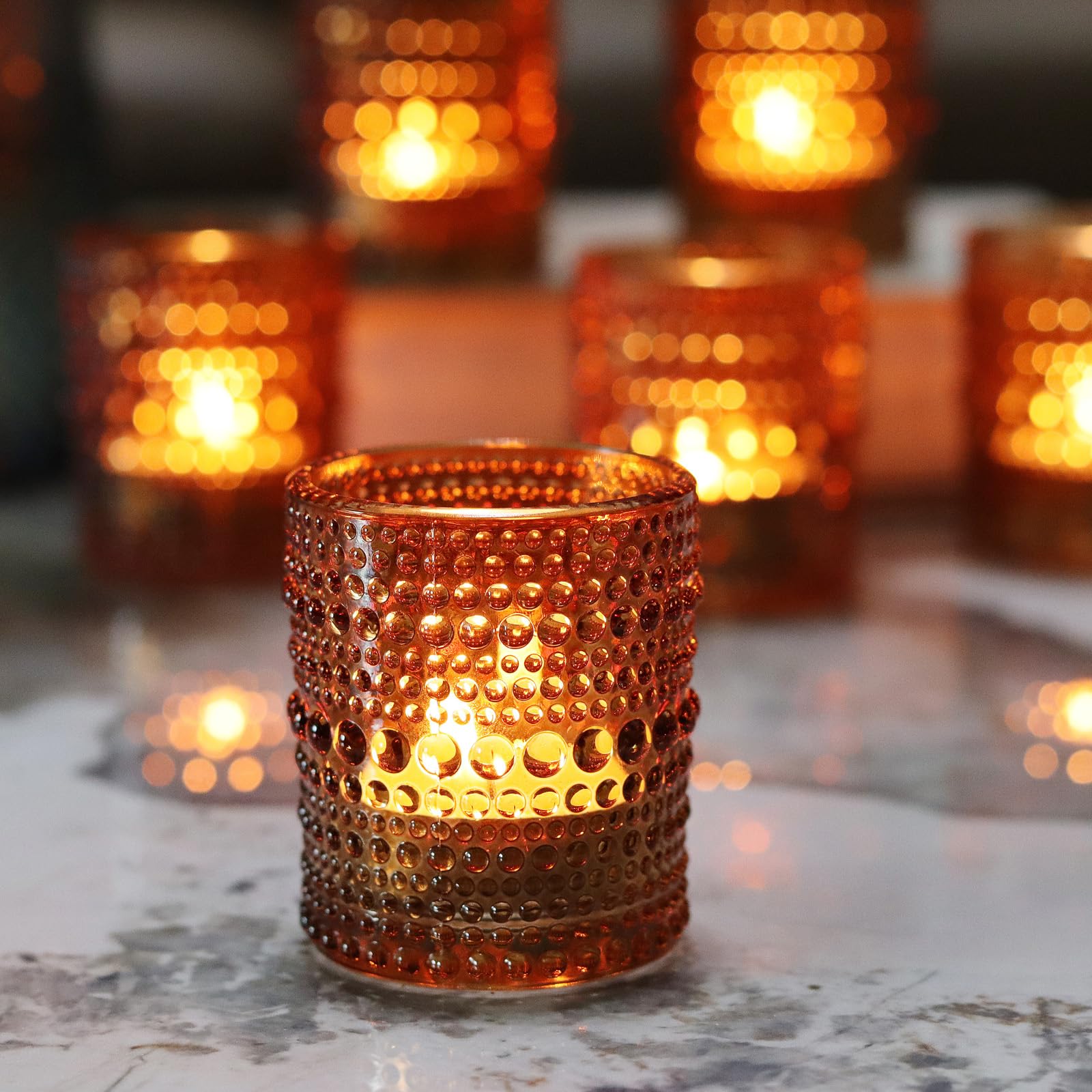 36 PCS Amber Glass Hobnail Votive Candle Holders - Tealight Candle Holders for Fall Decor, Halloween, Weddings, Birthday Table Centerpieces - Perfect for Romantic Dinners, Spa Nights & Holiday Decorations
