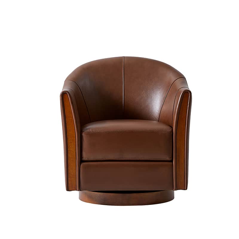 Clara Genuine Leather Swivel Barrel Chair with Solid Wood Base - Stylish Home Office & Living Room Accent Chair for Comfortable Seating