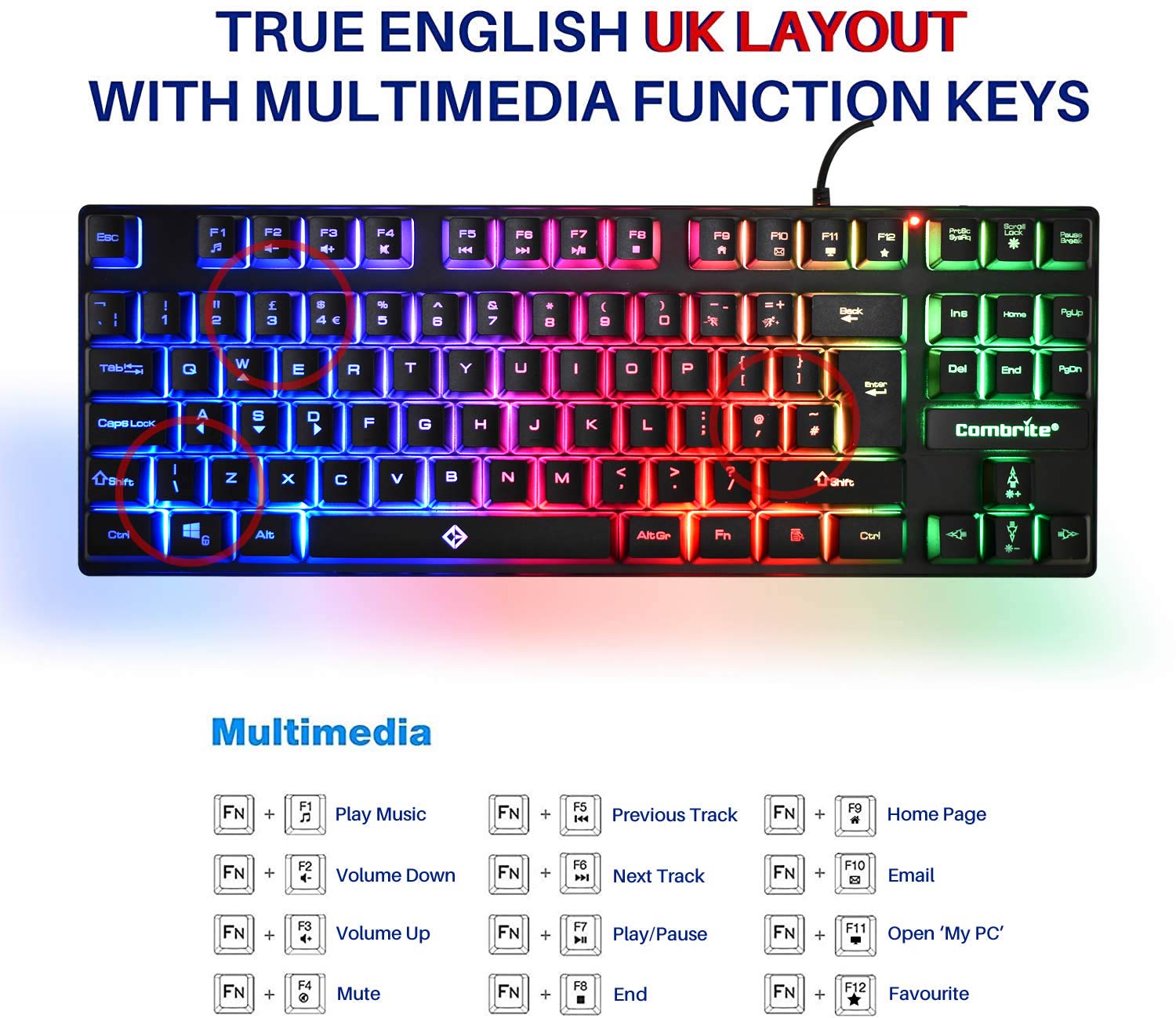 Combrite USB Wired 80% Gaming Keyboard and Mouse Set with Large Mouse Pad - TKL Compact Keyboard, RGB Backlit Gaming Mouse, UK Layout - Perfect for PC Gaming, Office Work, and Home Computer Setup