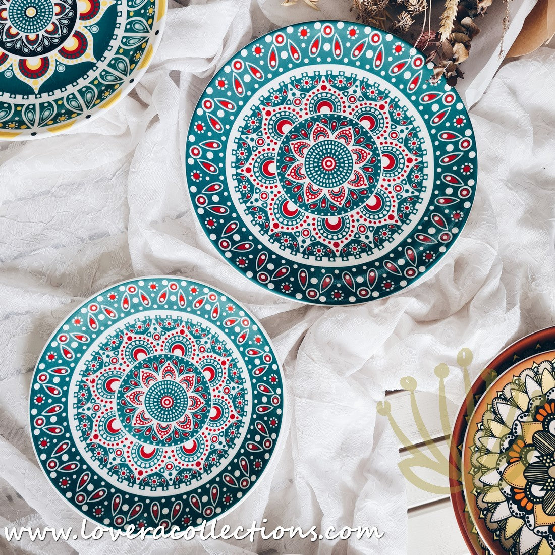 Mandala Green & White Salad Plate Set - Elegant Hand-Painted Ceramic Dinnerware for Home & Restaurant Use - Perfect for Salads, Appetizers, Desserts & Party Serving