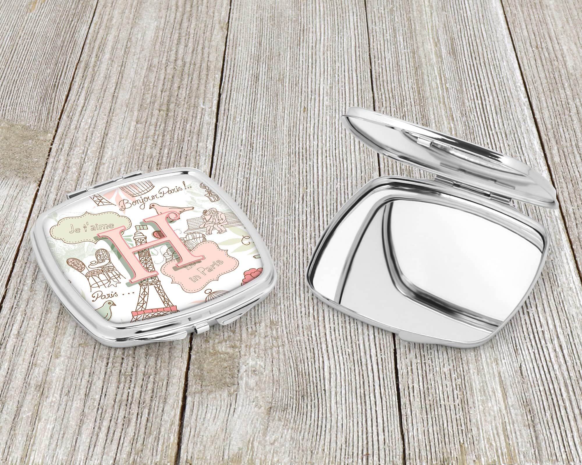 Caroline's Treasures CJ2002-HSCM Paris-Themed Letter H Compact Mirror - Pink Travel Makeup Mirror for Women & Girls | Perfect Gift, Portable Folding Handheld Mirror for Purse, Home Vanity & On-the-Go Touchups