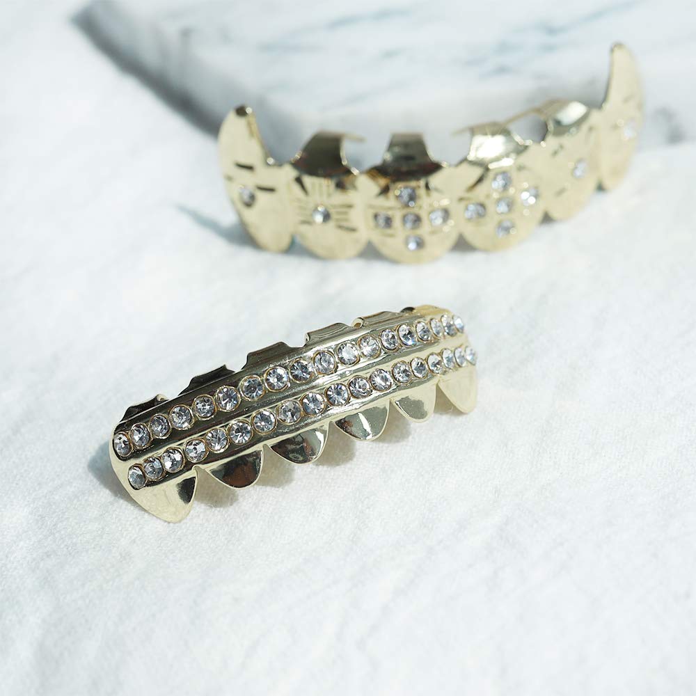 24K Gold Plated Grillz Teeth Set with CZ Diamonds - Top & Bottom Hip Hop Bling Iced Out Grillz for Men | Includes Extra Molding Bars & Microfiber Cloth | Perfect for Rappers, Performances & Special Events