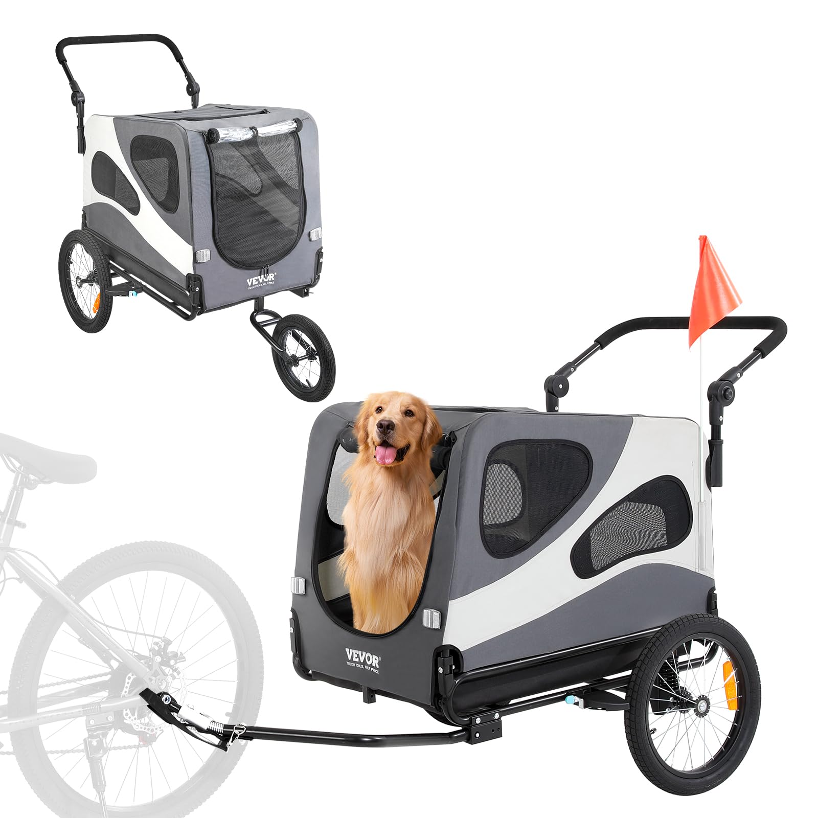 VEVOR 2-in-1 Dog Bike Trailer & Pet Stroller - 100 lbs Capacity, Foldable Bicycle Carrier with Quick Release Wheels, Universal Coupler & Safety Reflectors - Perfect for Cycling Adventures & Daily Walks (Black/Gray)