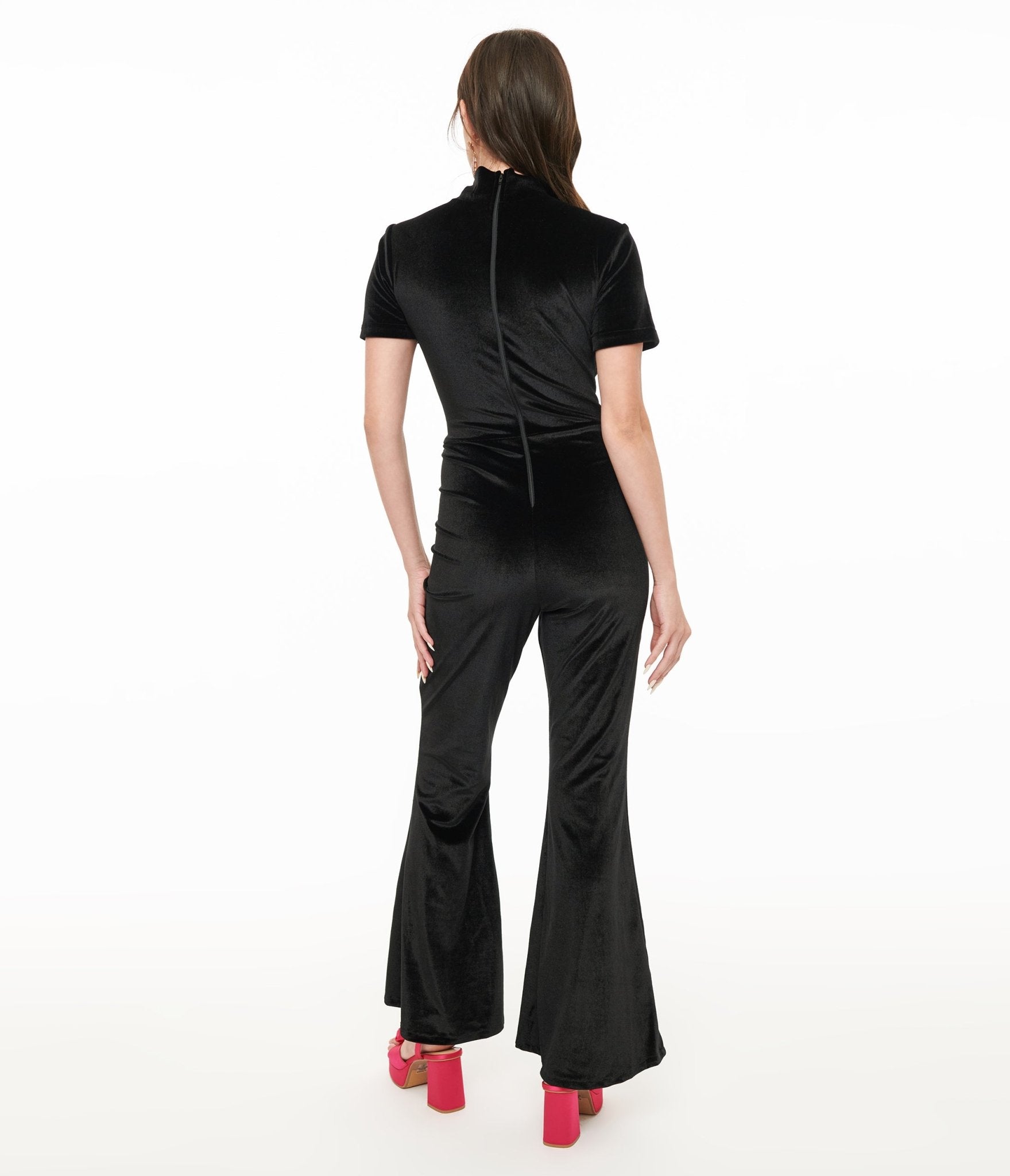 Miracle Eye Black Velvet Bell Bottom Jagger Jumpsuit for Women - 70s Retro Disco Party Outfit, Vintage Inspired Flared Pantsuit for Concerts & Nightclub Events