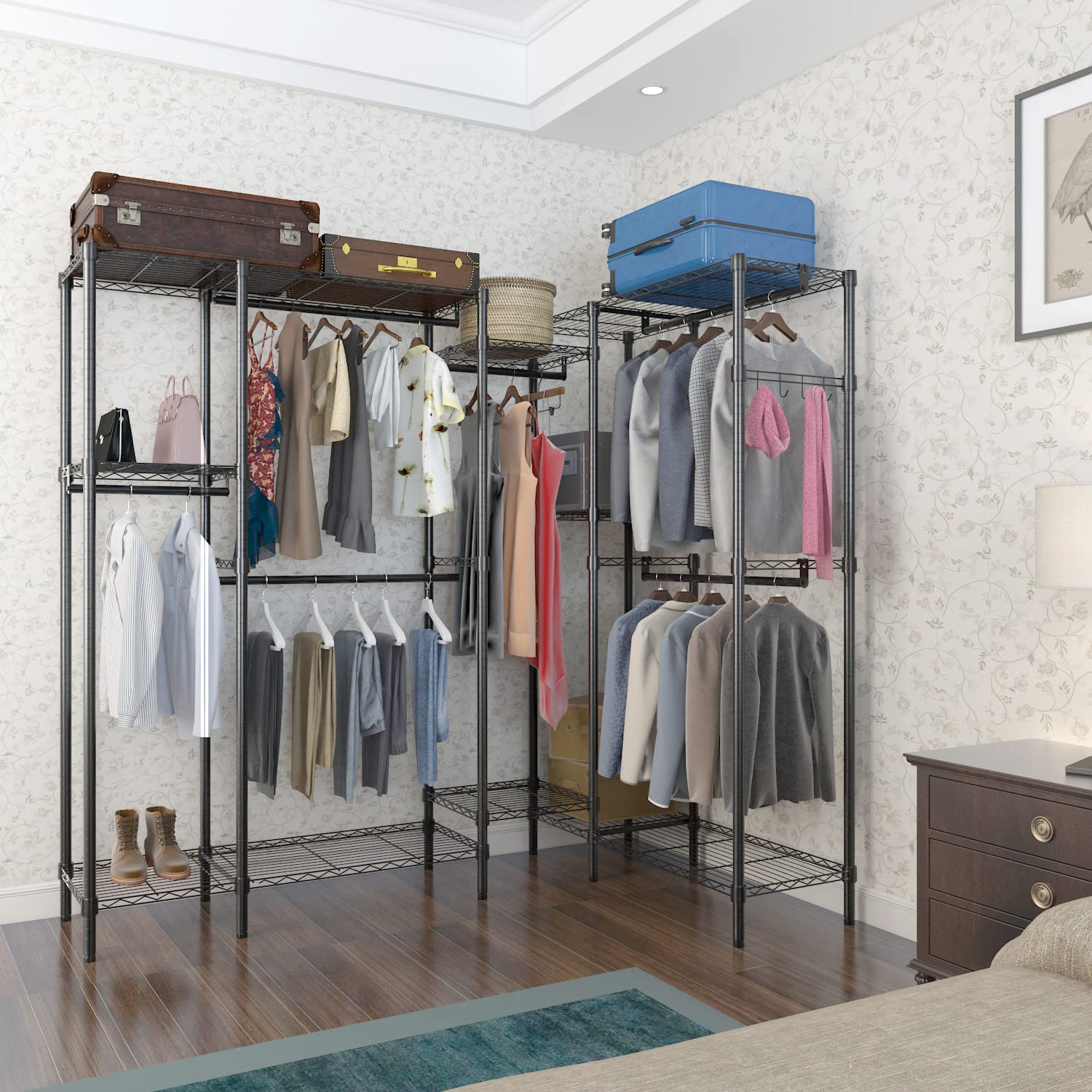 Heavy Duty L-Shaped Metal Garment Rack - Freestanding Wardrobe Closet with 700 lbs Capacity - Multi-Functional Clothes Hanging Organizer for Bedroom, Closet & Laundry Room (Black, 76.7
