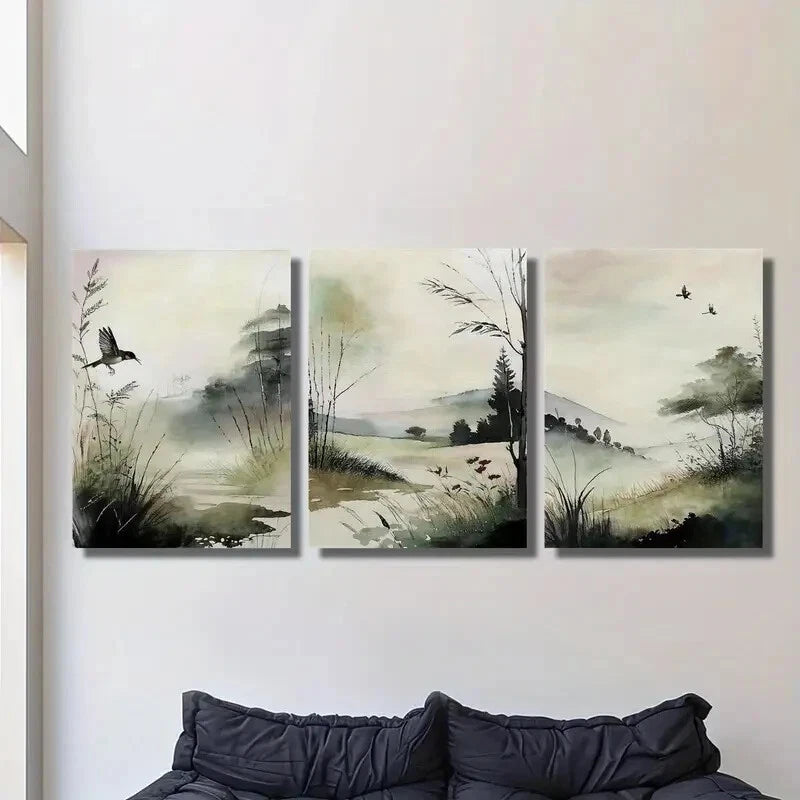 3pcs Watercolor Birds & Pond Ink Painting Metal Print - Ready to Hang Wall Art for Living Room, Bedroom & Office Decor