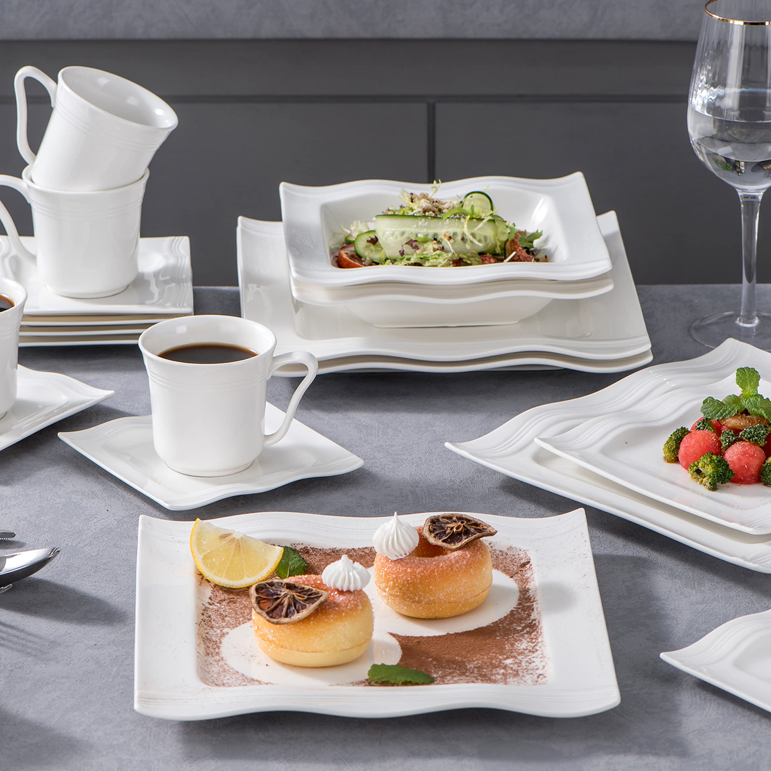 MALACASA 30-Piece Porcelain Dinnerware Set for 6 - Modern Ivory White Square Plates & Bowls Set Includes Dinner Plate, Dessert Plate, Soup Bowl, Cup & Saucer - Elegant Dishware for Dining, Restaurants, and Home Entertaining