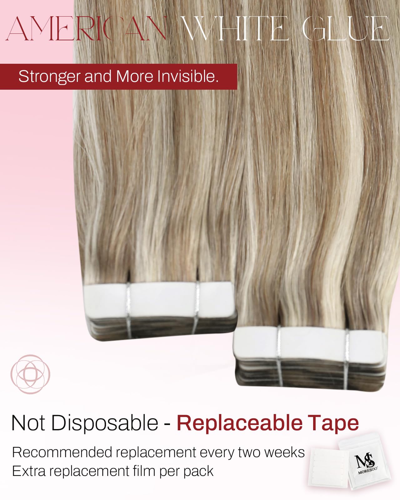 Premium Moresoo Tape-in Hair Extensions 12 Inch 40Pcs (60g) - 100% Human Hair in #9A Light Brown with Platinum Blonde Highlights | Short Hair Extensions for Volume & Length | Perfect for Parties, Weddings & Daily Styling