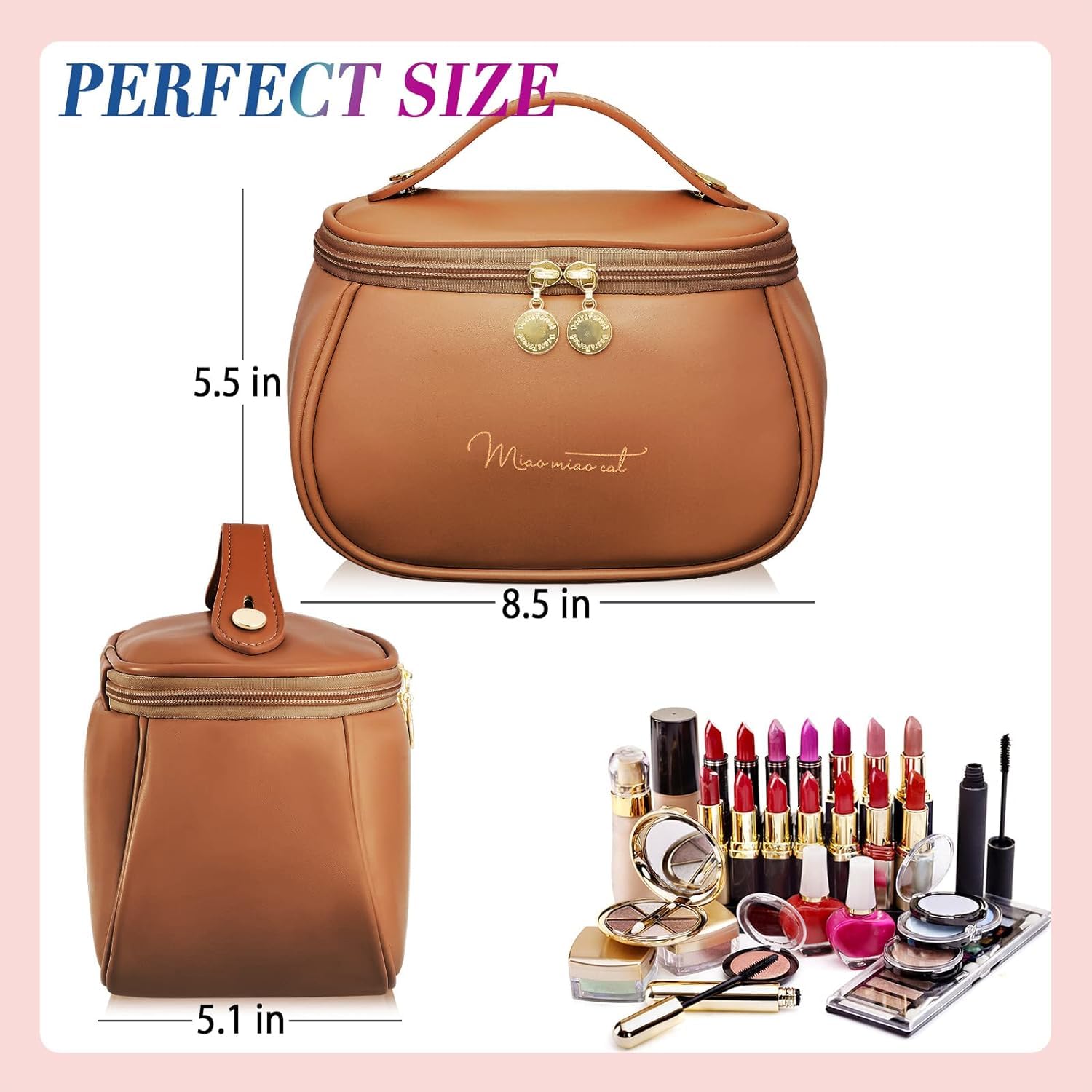 Waterproof Travel Makeup Bag for Women - Zippered Cosmetic Organizer Pouch for Brushes, Toiletries & Accessories (10cm, Brown) | Perfect for Travel, Gym & Daily Use