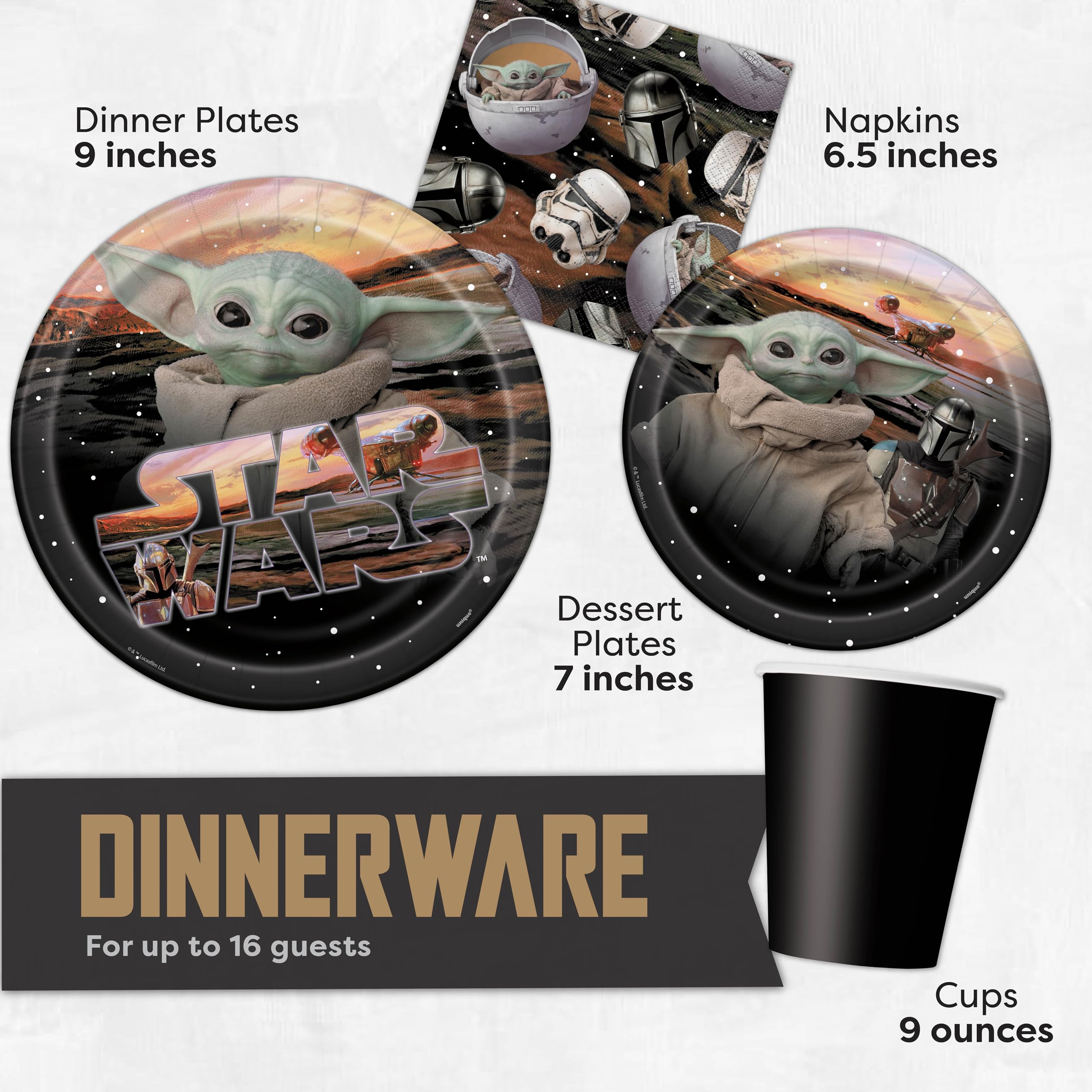 Baby Yoda Birthday Party Decorations Kit - Mandalorian & Star Wars Themed Supplies for 16 Guests - Includes Banner, Table Cover, Plates, Cups, Napkins & Buttons - Perfect for Kids Birthday Parties, Themed Events & Star Wars Fans Celebrations