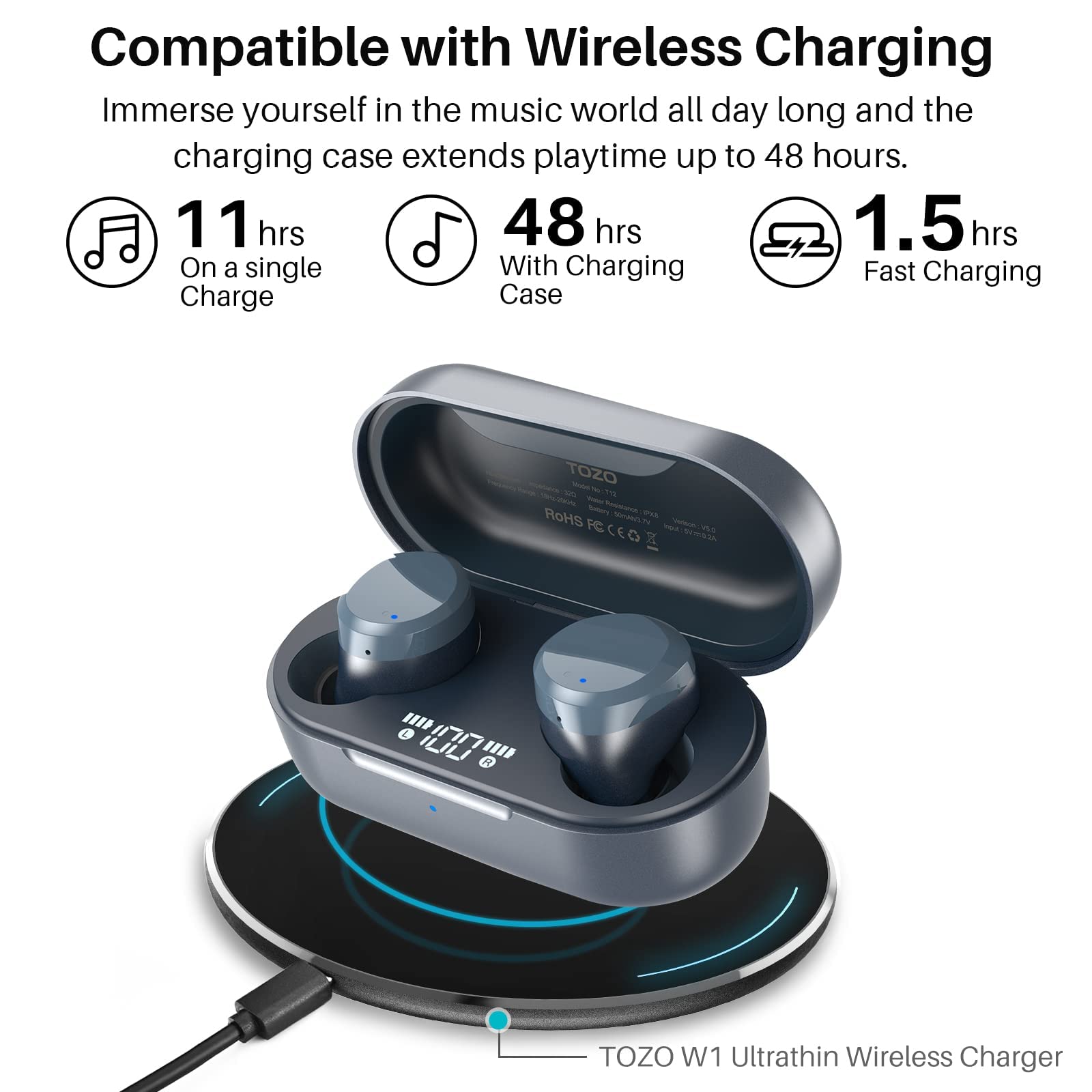 TOZO T12 Wireless Earbuds Bluetooth 5.3 Headphones with Premium Sound, Touch Control & LED Display - Wireless Charging Case, IPX8 Waterproof - Perfect for Gym, Running, Travel & Work (Blue)