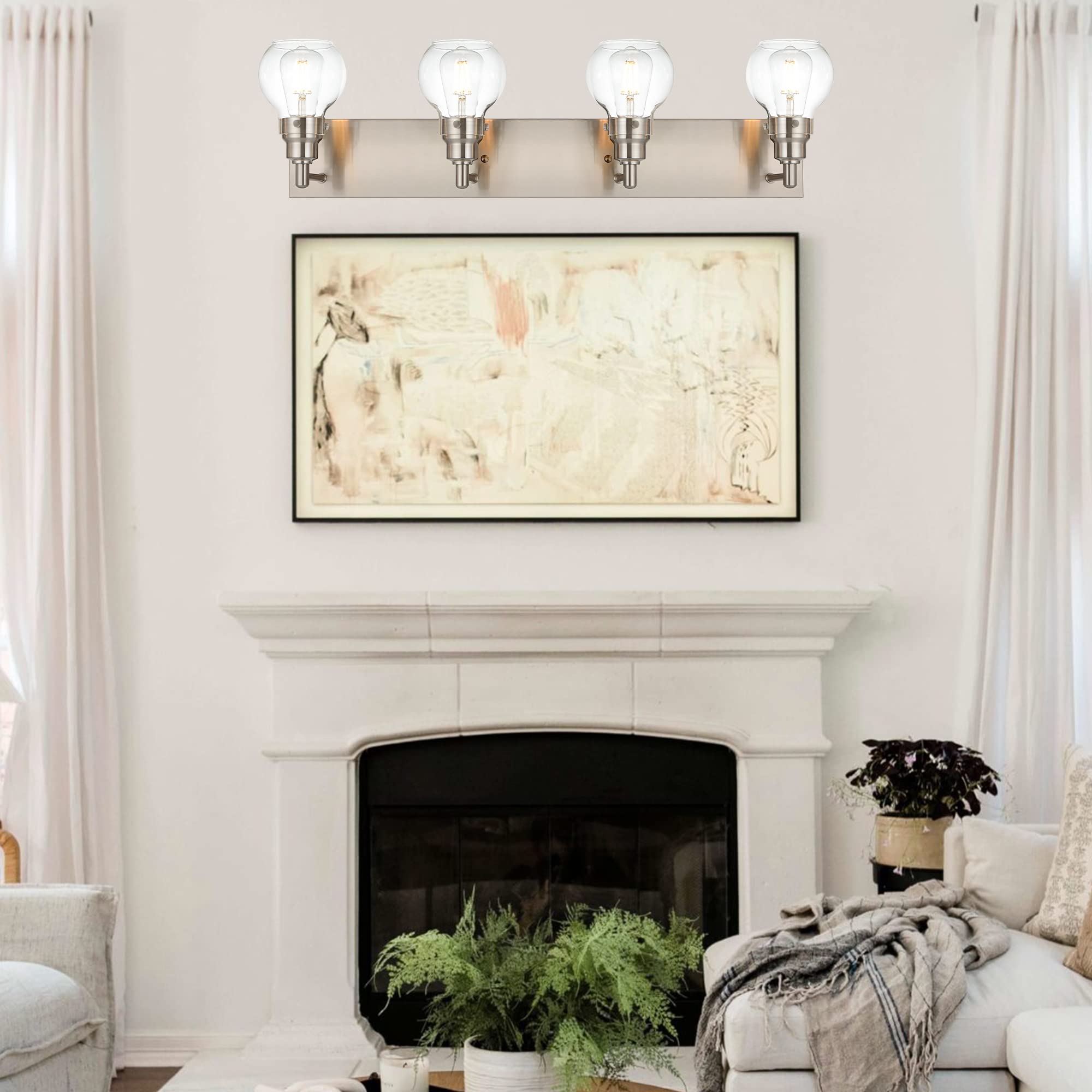4-Light Modern Bathroom Vanity Light Fixture in Brushed Nickel - Clear Globe Glass Wall Sconce for Bathroom, Powder Room & Foyer Lighting - Perfect for Makeup Vanity, Dressing Area and Hallway Illumination