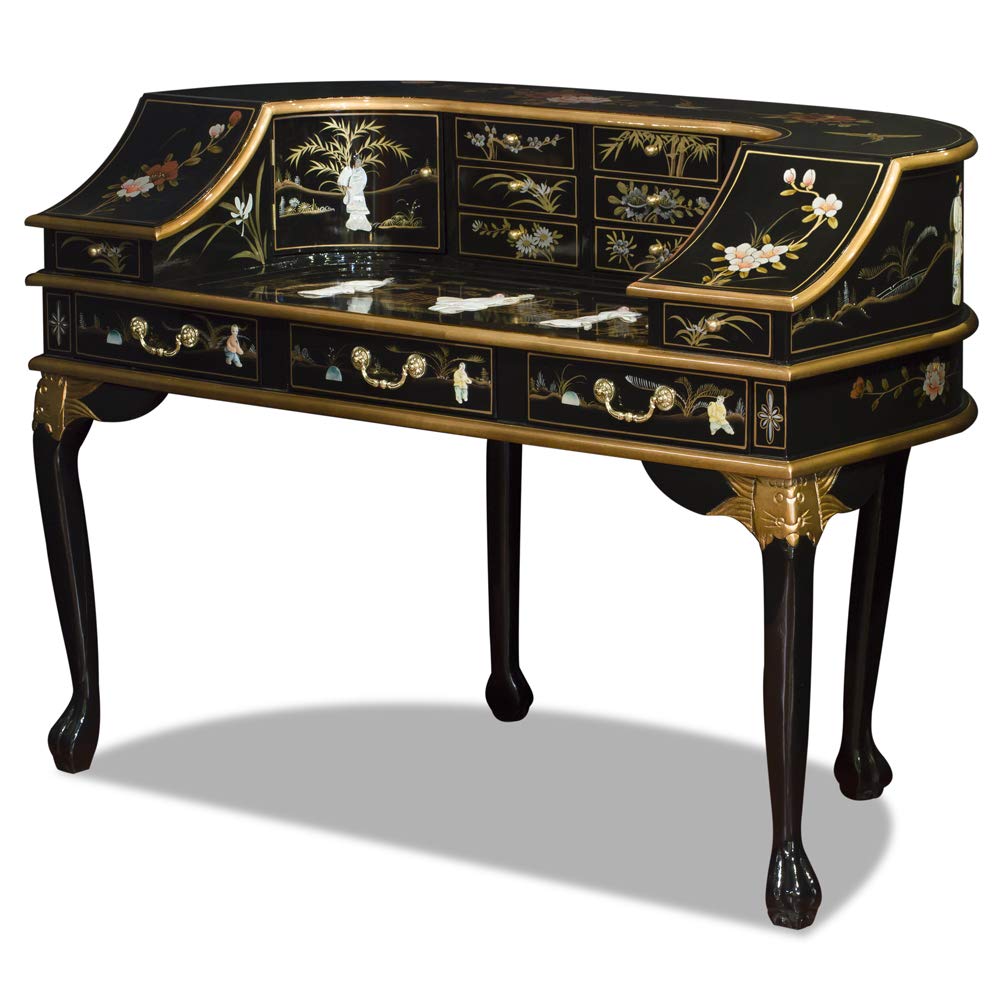 Elegant Black Lacquer Oriental Desk Set with Mother of Pearl Inlay - Harpsichord Style Writing Desk for Home Office & Study Room Decor