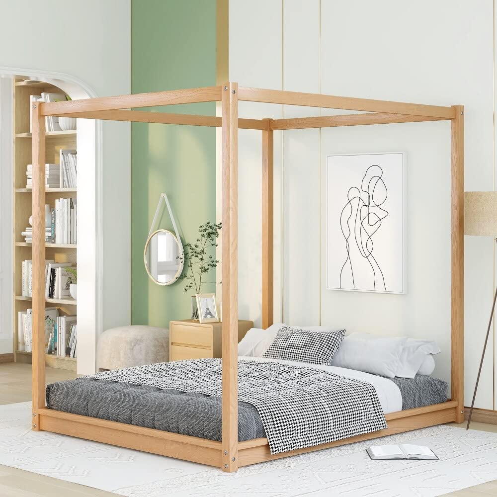Queen Size Canopy Platform Bed with Sturdy Support Legs in Natural Wood Finish - Perfect for Bedroom Decor, Guest Rooms & Cozy Master Suites