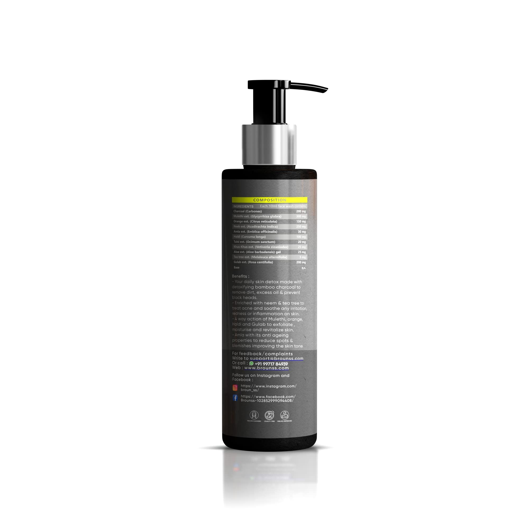 Brounss Oil Clear Anti Acne Detan Face Wash with Bamboo Charcoal & Neem | For Oily Skin, Pimples, Hydration & Brightening | Men & Women | 100ml | Daily Cleansing for Clear, Glowing Skin