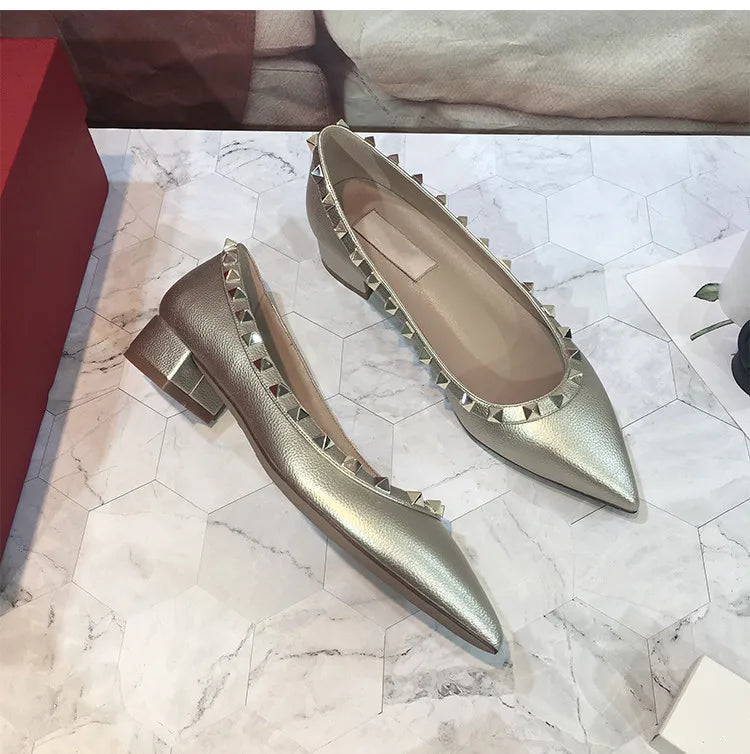Luxury Leather Rivet High Heels for Women - Designer Pointed Toe Square Heel Pumps | Perfect for Evening Parties, Weddings & Office Wear