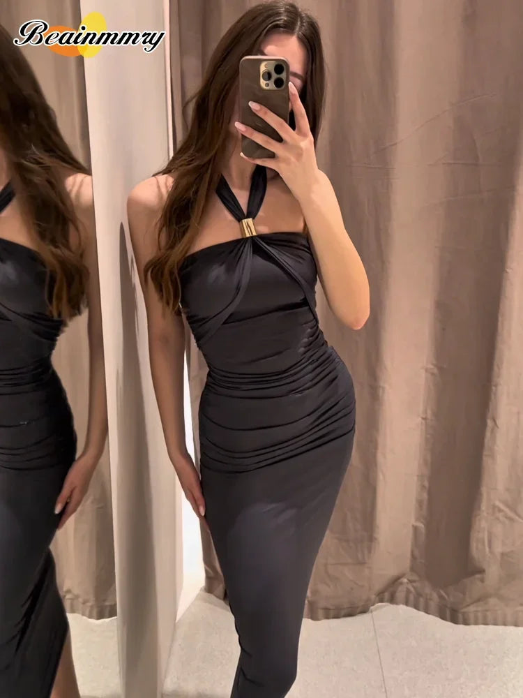 Elegant Sleeveless Backless Solid Color Midi Dress for Women - Fashion Metal Ring Pleat Long Summer Dress, Slim Fit Lady Robe - Perfect for Beach Parties, Evening Events & Vacation Wear
