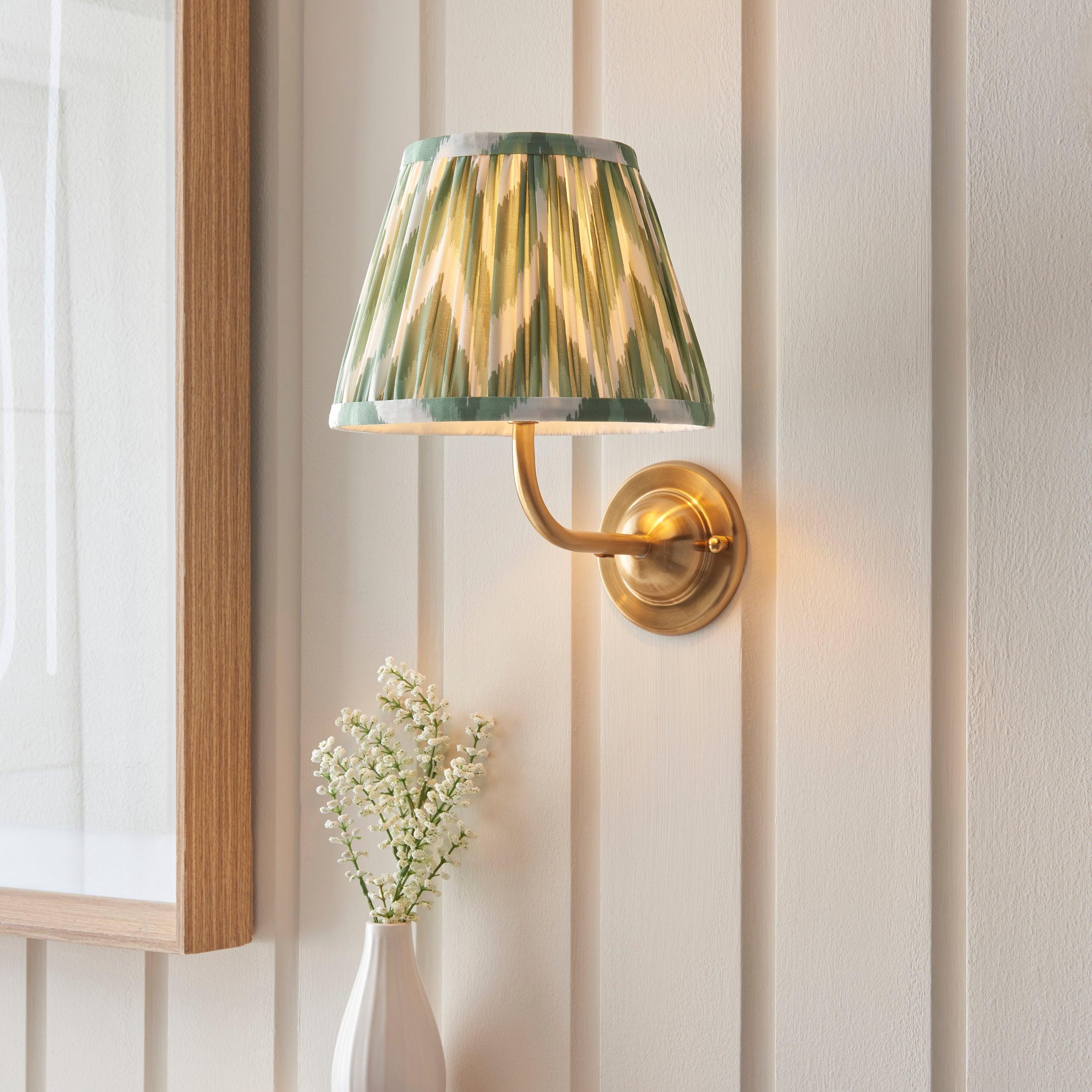 Brass Dome Arc Wall Light with 20cm Zigzag Cotswold Green Shade - Perfect for Bedroom, Living Room & Hallway Lighting