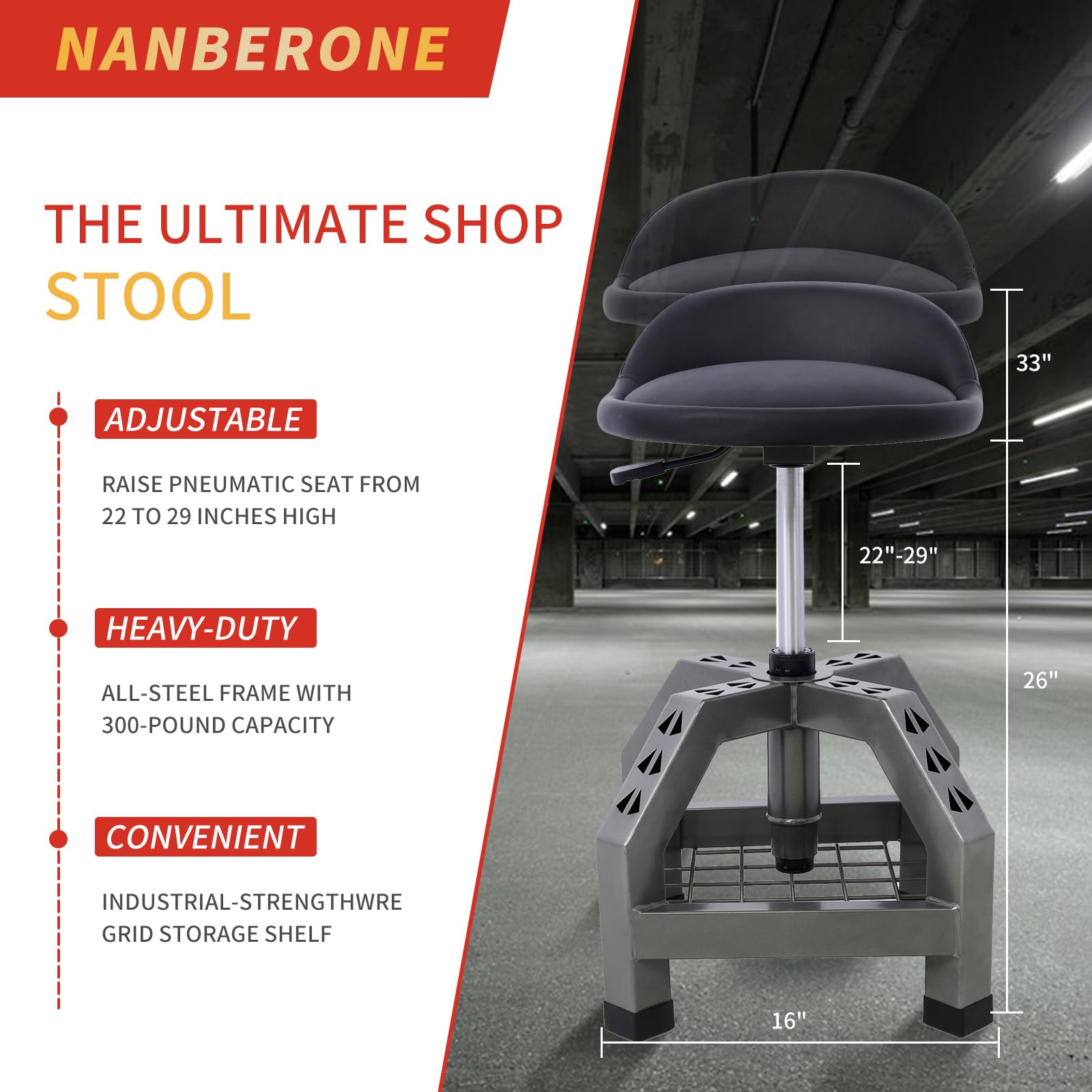360 Swivel Rolling Shop Stool with Adjustable Height & Tool Tray Storage - 300 Lbs Capacity Gray Stool for Garage, Workshop, or Industrial Use