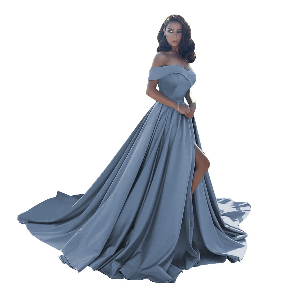 SYYS Women's Off The Shoulder Satin Prom Dress with High Slit - Long Formal Evening Gown with Pockets for Homecoming, Wedding Guest, Cocktail Party SYYS043