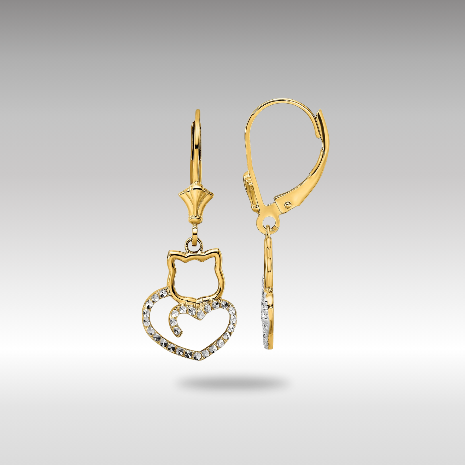 Gold Diamond Cut Cat Heart Leverback Earrings for Women - TM806 - Perfect Gift for Cat Lovers, Valentine's Day & Special Occasions