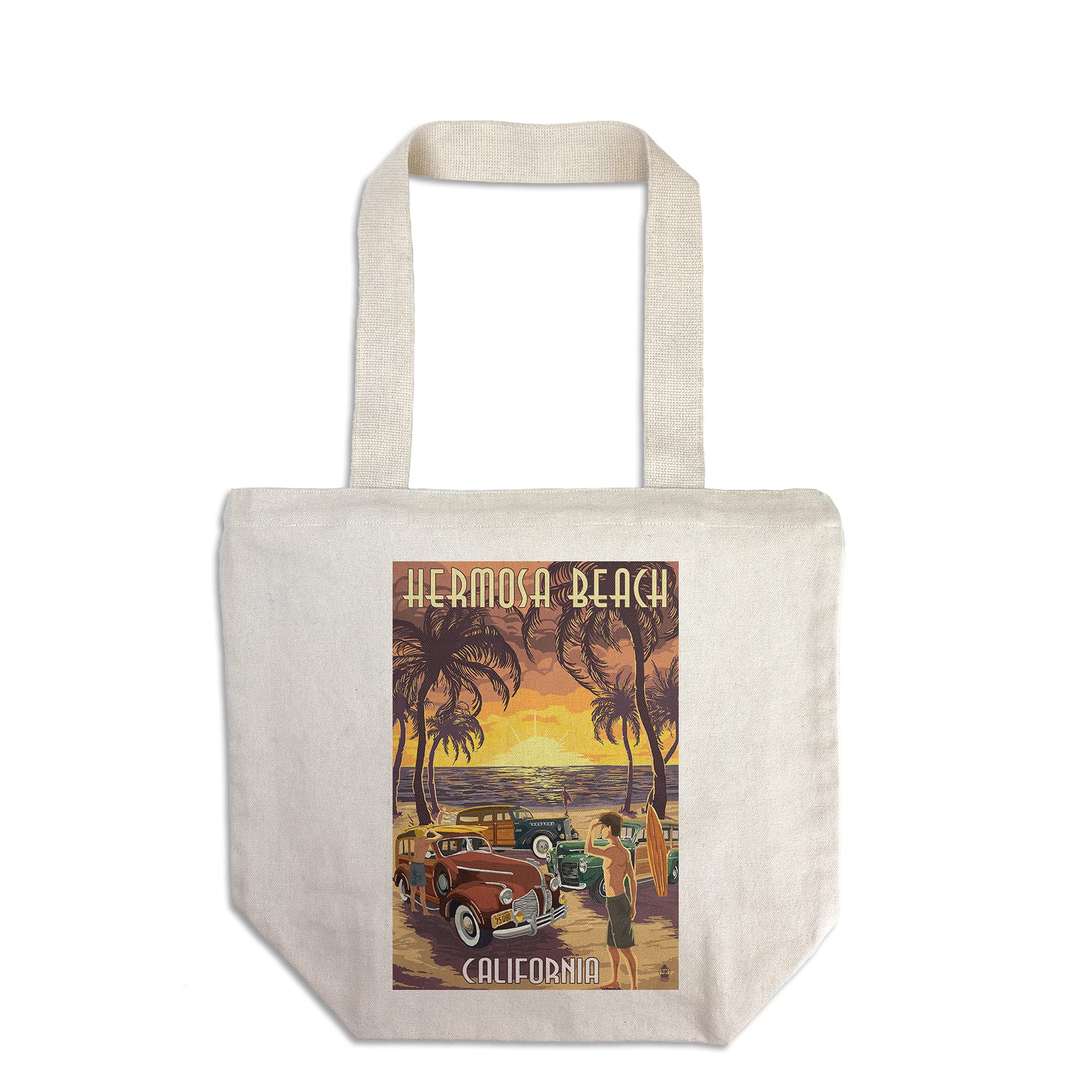 Lantern Press Hermosa Beach California Woodies and Sunset - 100% Cotton Canvas Reusable Tote Bag for Shopping, Beach Trips & Daily Use