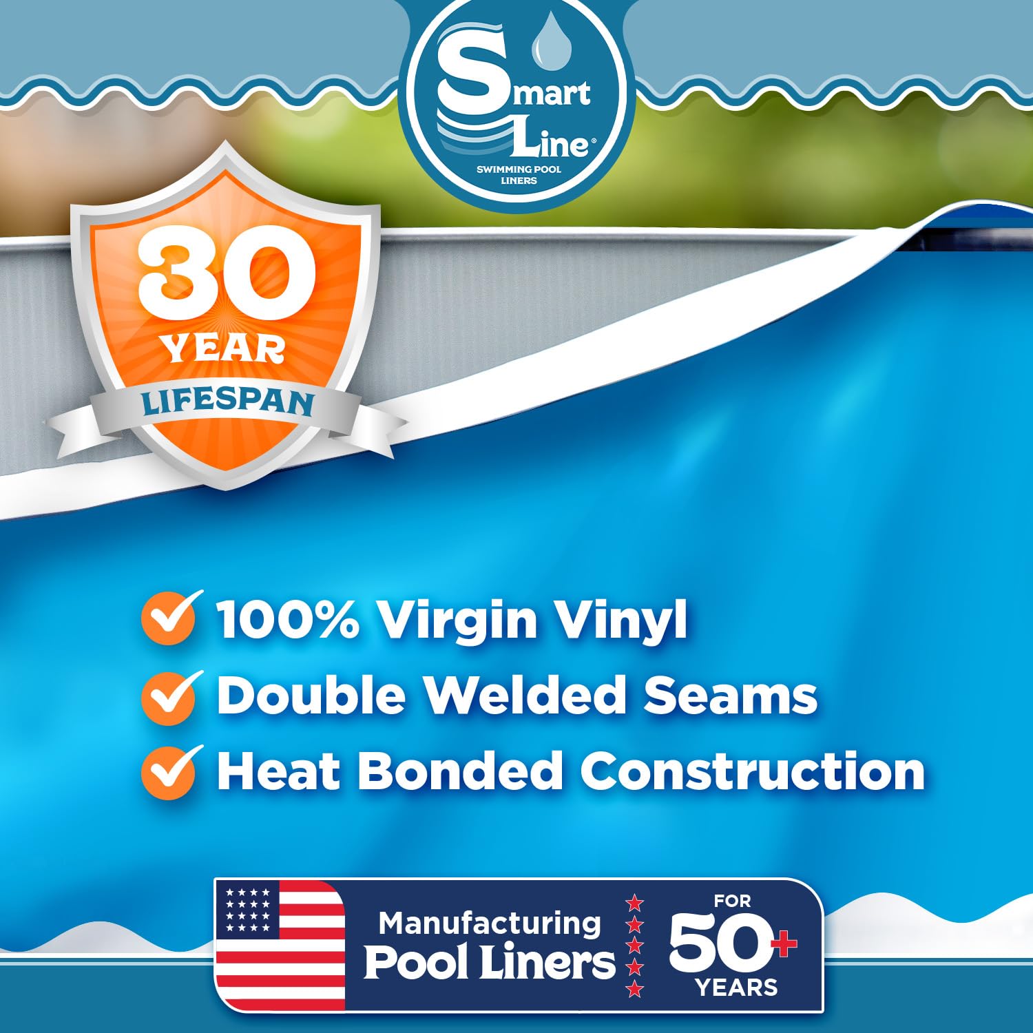 Smartline 15 Foot Round Swimming Pool Liner - Heavy Duty 30 Gauge Virgin Vinyl, Solid Blue Overlap Style (48-52 Inch Wall Height) | Perfect for Steel Sided Above Ground Pools | Durable Backyard Pool Accessory for Summer Fun
