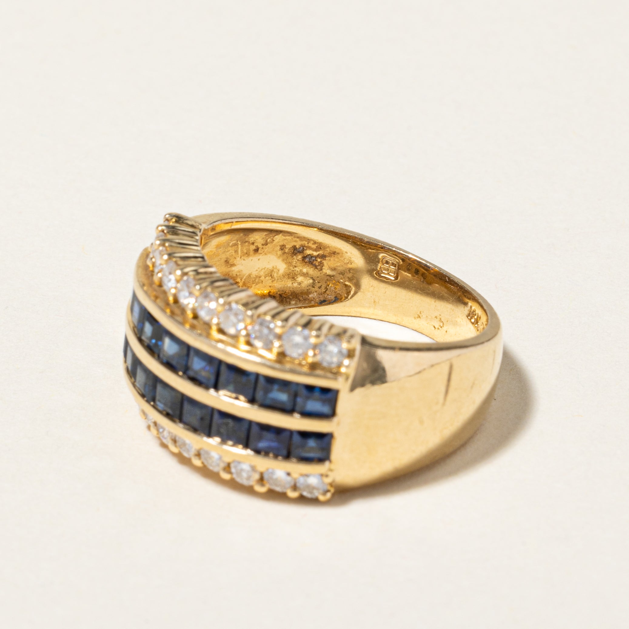 18K Yellow Gold Double Row Sapphire and Diamond Ring - 1.52ctw Sapphires & 0.60ctw Diamonds - Size 6.25 - Elegant Wedding, Engagement & Anniversary Jewelry Gift
