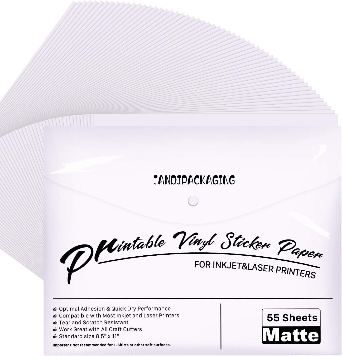 JANDJPACKAGING Printable Vinyl Sticker Paper for Inkjet & Laser Printers - 55 Pack Matte White Vinyl Sheets, Fast Drying, Vibrant Colors, Tear Resistant, 140g (Ideal for DIY Labels, Decals & Craft Projects)