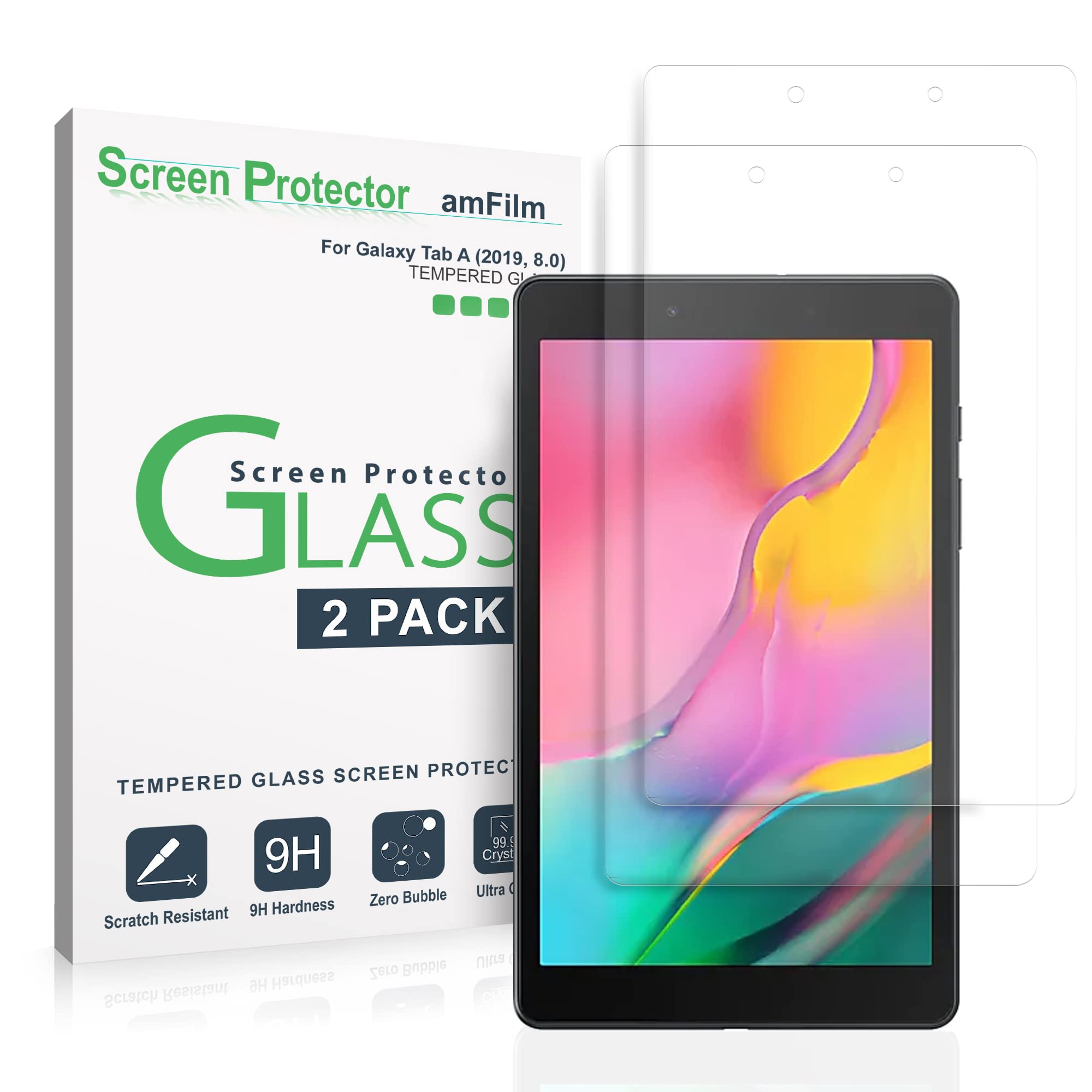 amFilm Tempered Glass Screen Protector for Samsung Galaxy Tab A 8.0 (2019 Version, SM-T290) - 2 Pack - HD Clear, Anti-Scratch, Bubble-Free - Perfect for Work, Study & Entertainment