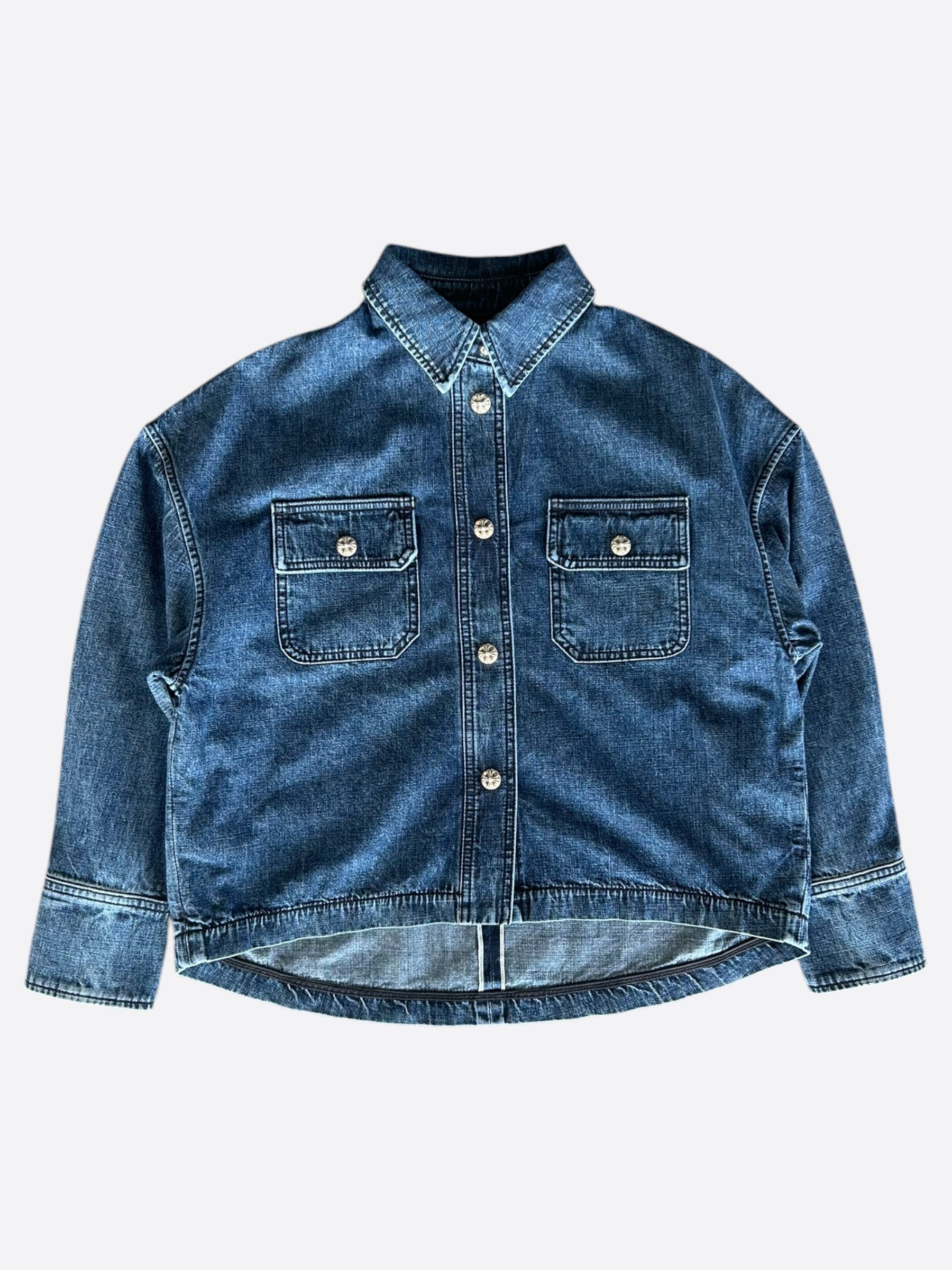 Chrome Hearts Blue Women's Denim Button Up Shirt - Stylish Vintage Denim Top for Casual Wear & Street Fashion