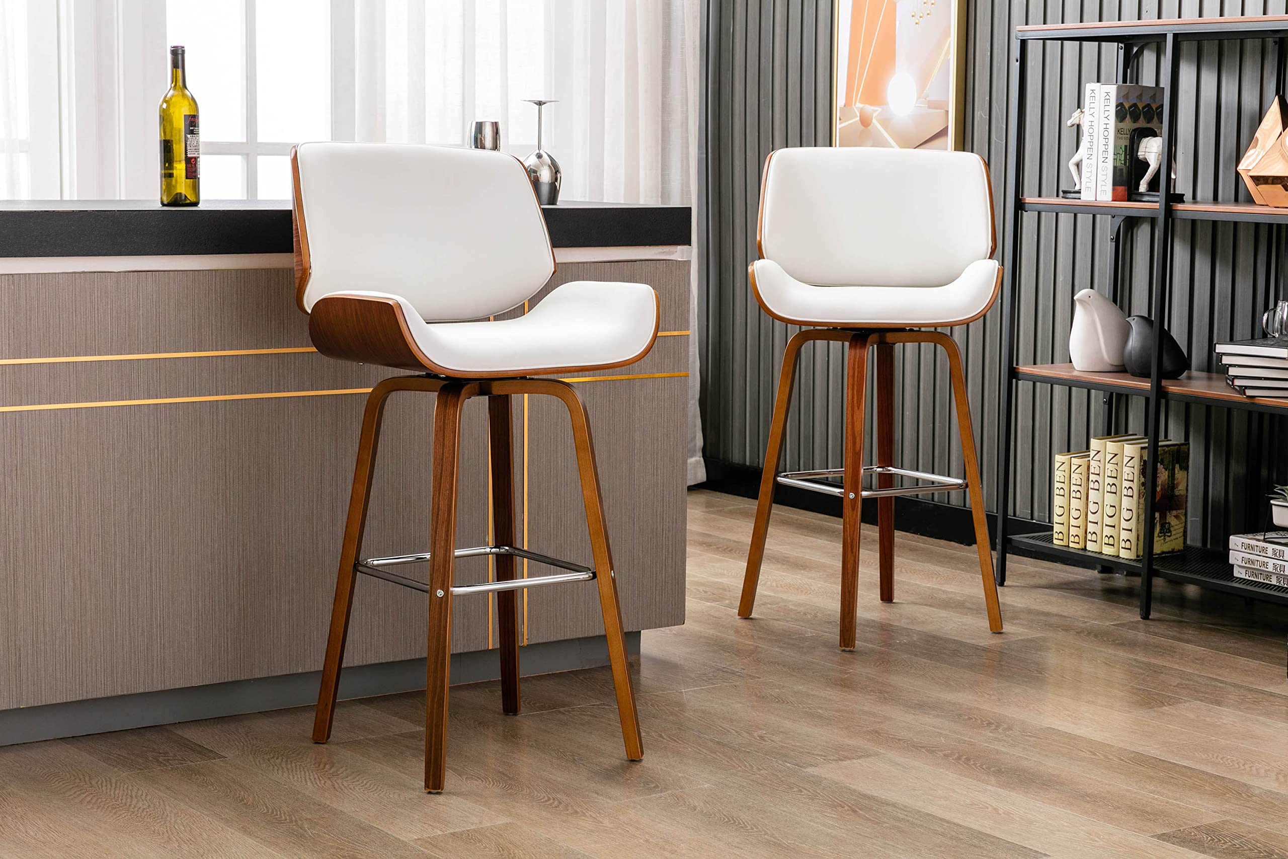 Porthos Home Ori Swivel Counter Stool - PU Leather Upholstered Bar Stool with Walnut Wood Legs & Chrome Footrest, Armless Kitchen Island Stool for Breakfast Bars, Dining Counter or Home Pub Use