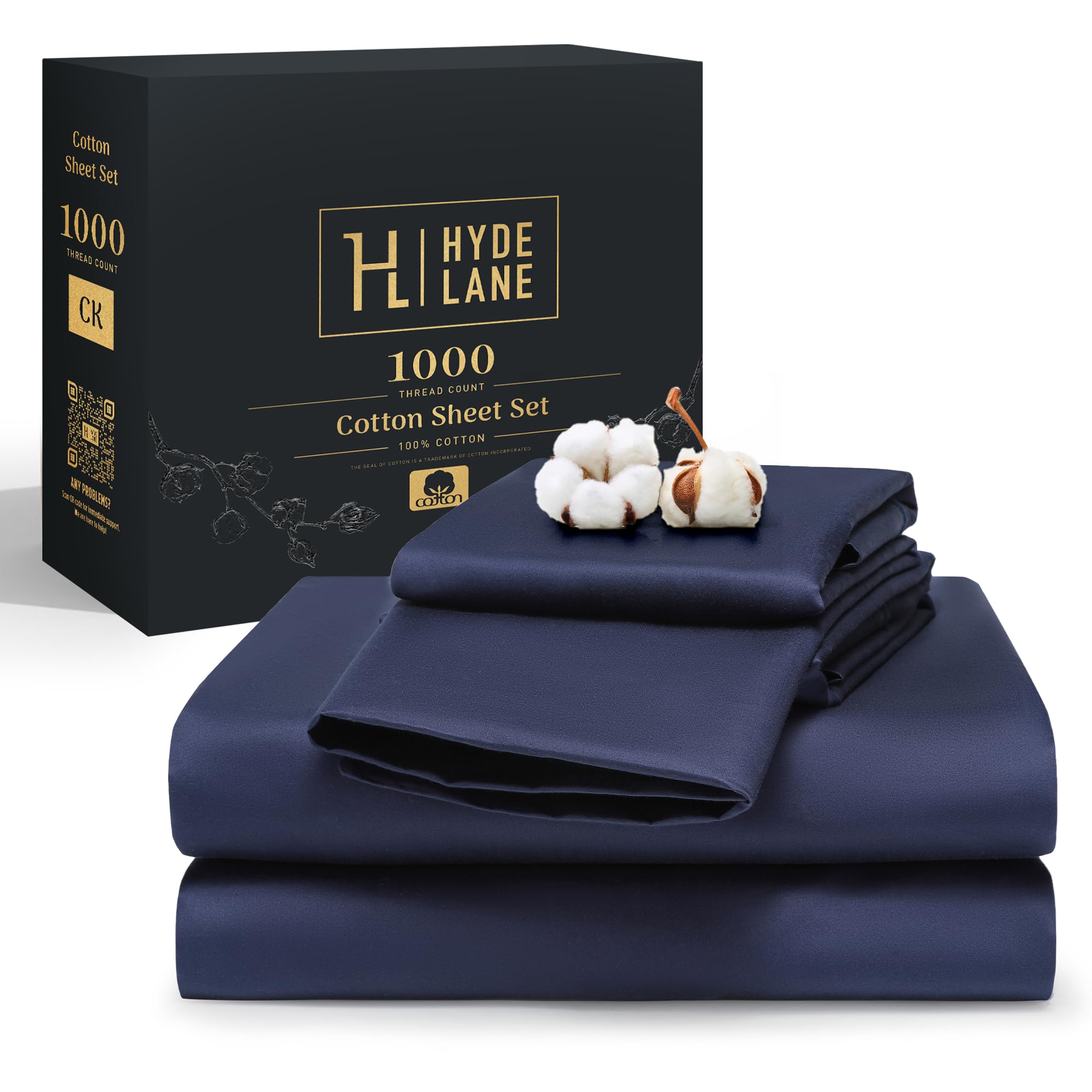 Hyde Lane California King Sheets - 1000 Thread Count Luxury Cotton Bedding Set | Deep Pocket Fitted Sheet, Soft & Breathable Sateen Weave | Durable & Elegant Navy Blue Sheets for Master Bedroom or Guest Room