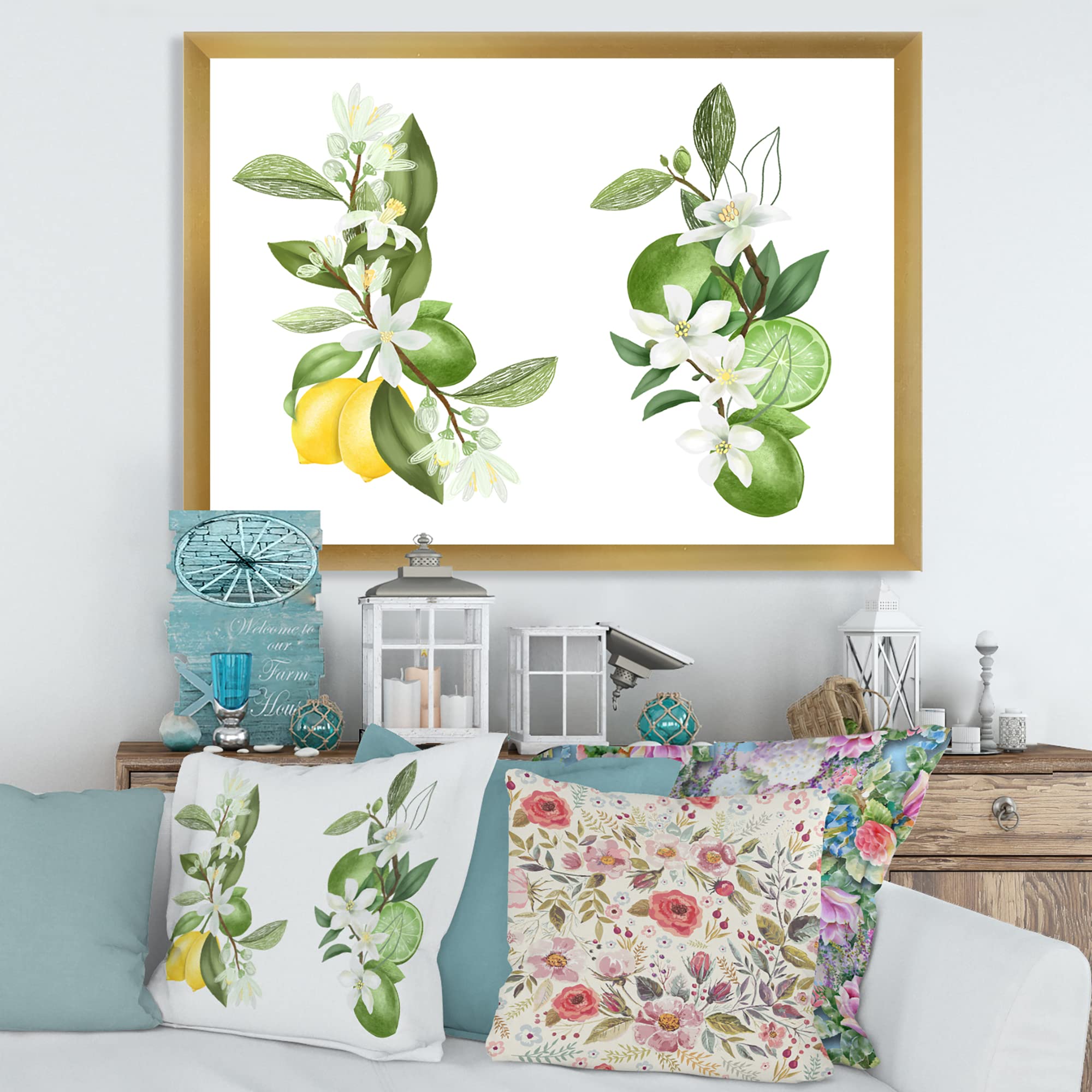 Blooming Lemon Tree Branches Framed Wall Art - Traditional Floral Home Decor for Living Room, Bedroom & Office
