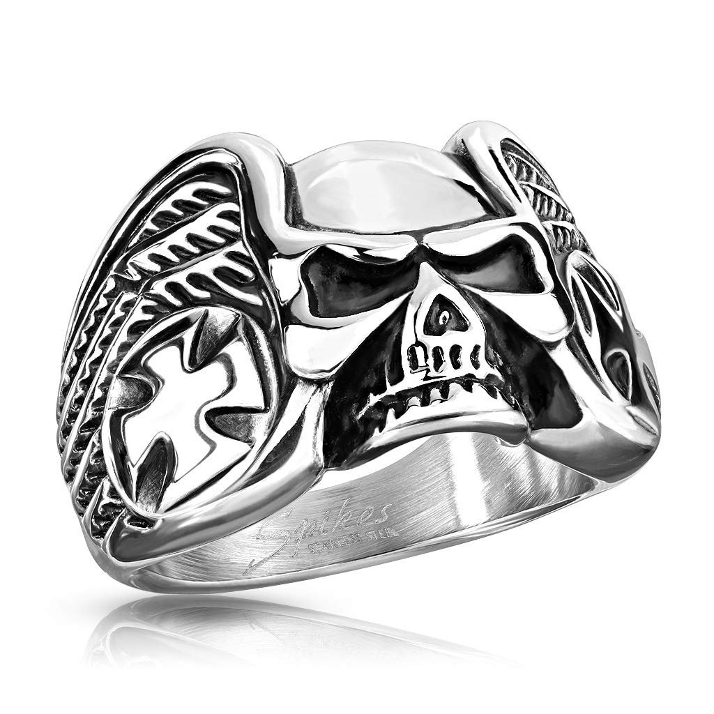 Skull with Iron Cross and Wing Sides Stainless Steel Ring - Gothic Punk Jewelry for Men & Women - Perfect for Halloween, Biker Gear, and Rock Fashion Accessories