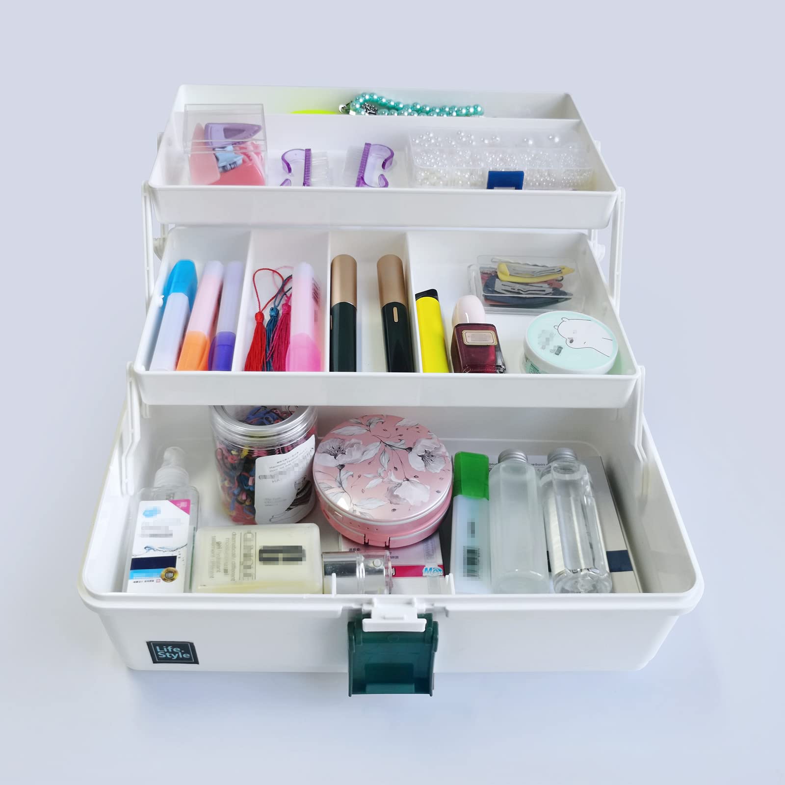 13-Inch 3-Layer Plastic Craft Storage Box with Handle - Multifunctional Organizer for Sewing, Medicine, Art Supplies, Makeup & Hair Accessories - Perfect for Home, Office & Travel Organization
