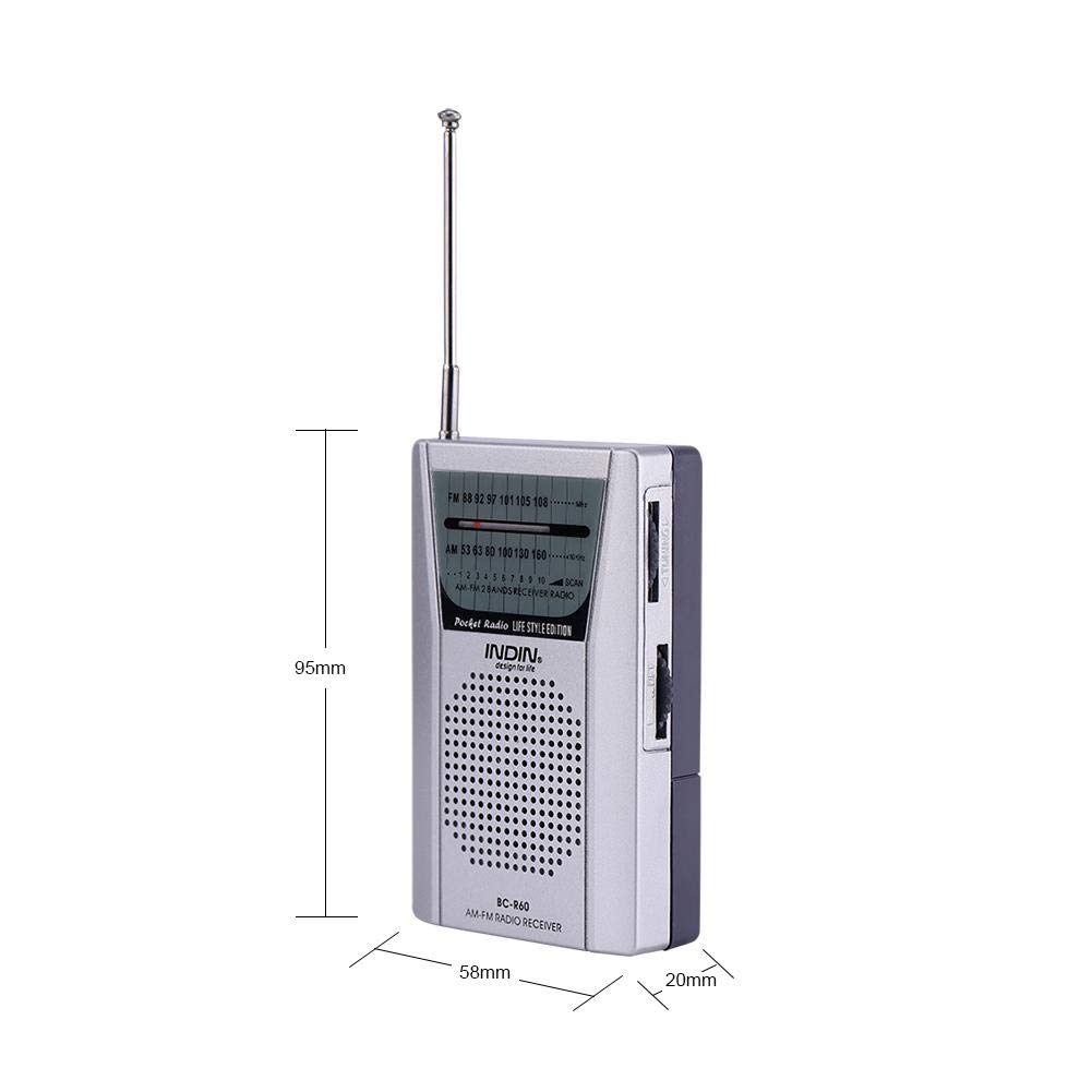 Portable FM/AM 2 Band Stereo Radio with LCD Display & Built-in Speaker - Mini Pocket Radio Receiver with Earphone Jack for Outdoor, Travel, Home & Office Use - Silver