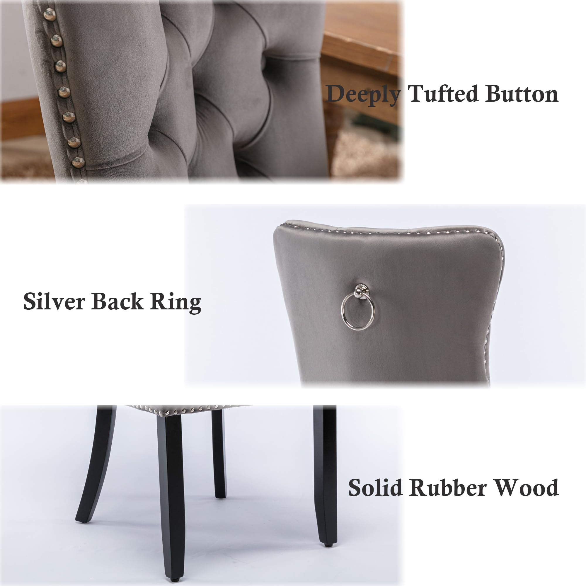 Rhomtree Set of 2 Velvet Dining Chairs - Luxury Tufted Back with Nailhead Trim & Ring Pull, Solid Rubberwood Legs (Grey/Black) for Kitchen, Dining Room & Home Decor