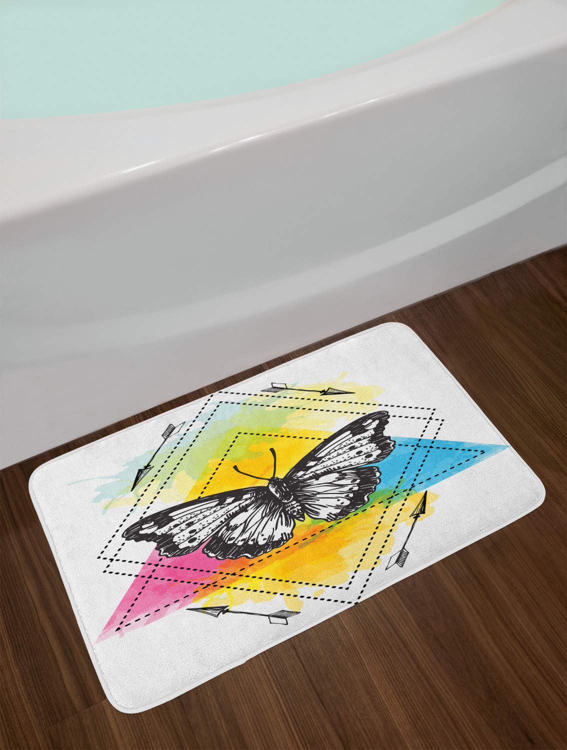 Ambesonne Entomology Bath Mat - Non-Slip Plush Bathroom Rug with Geometric Butterfly Design, 30.2