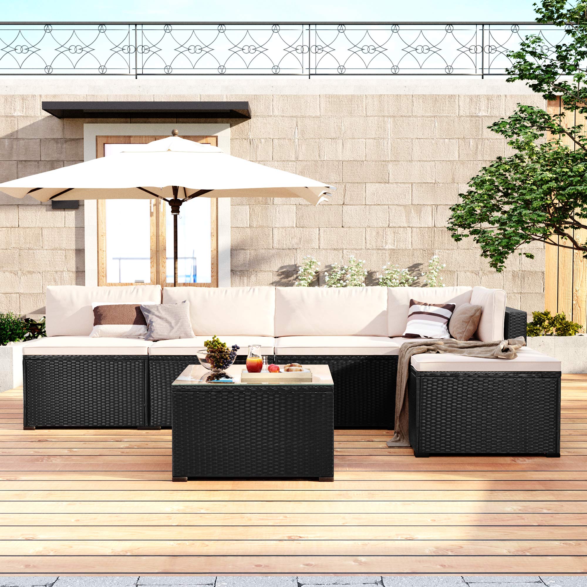 Merax 6-Piece All-Weather PE Rattan Patio Furniture Set - Outdoor Wicker Sectional Sofa with Coffee Table & Cushions (Black+Beige) - Perfect for Garden, Backyard, Poolside & Patio Relaxation
