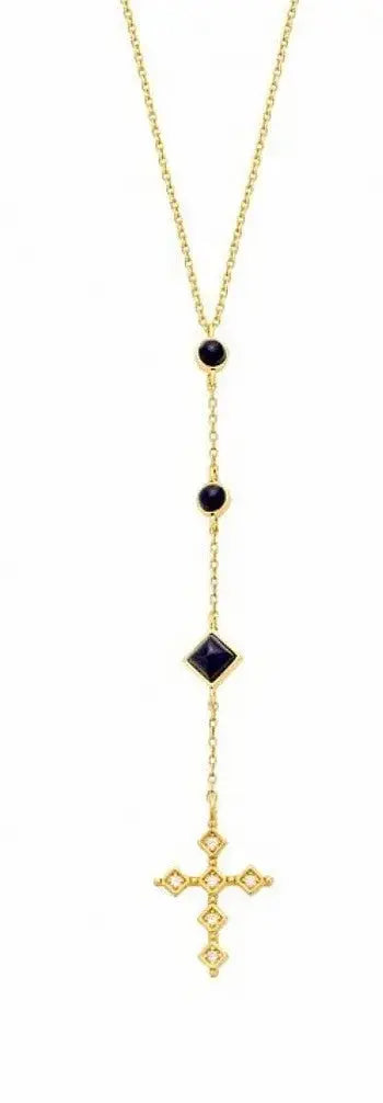 CZ Diamond Cross Black Onyx Lariat Necklace for Women - Elegant Gothic Jewelry for Evening Parties, Weddings & Special Occasions