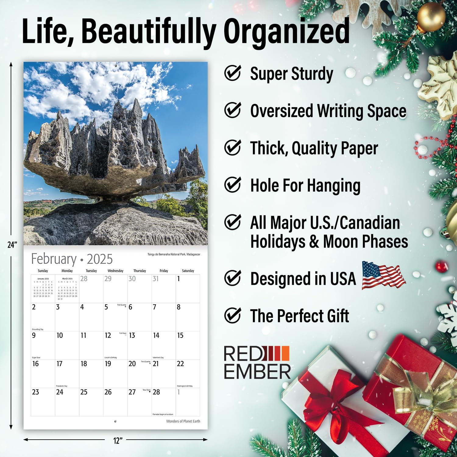 RED EMBER Wonders of Planet Earth 2025 Wall Calendar - 12 Month Nature Calendar (12